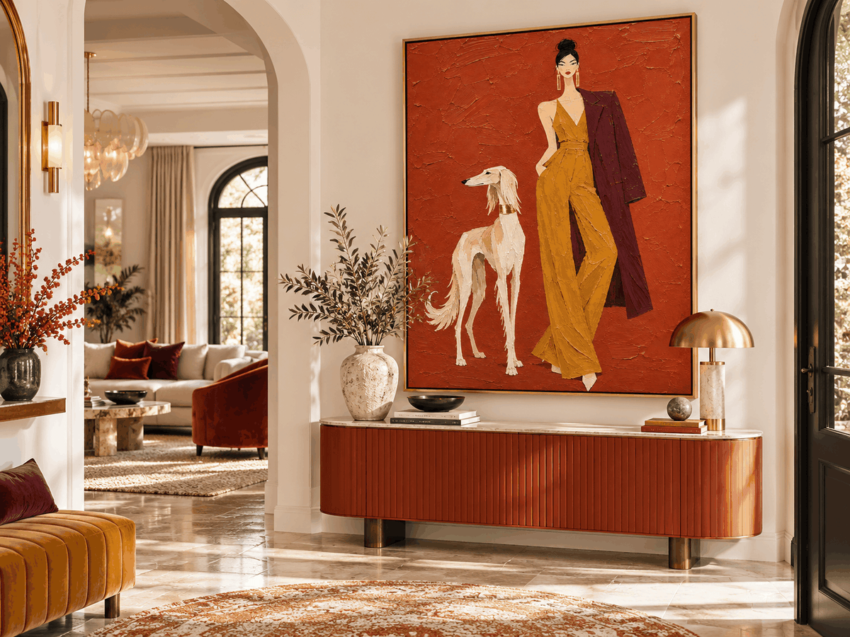 Hand-Painted Woman And Dog Canvas Art In Brick Red And Mustard Yellow