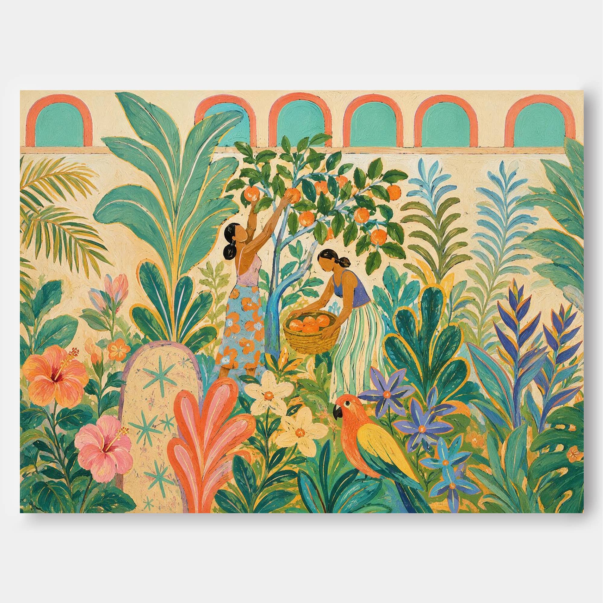 Fantasy Landscape Oil Painting In Art Deco Style Featuring Fruit Picking And Exotic Birds On Canvas