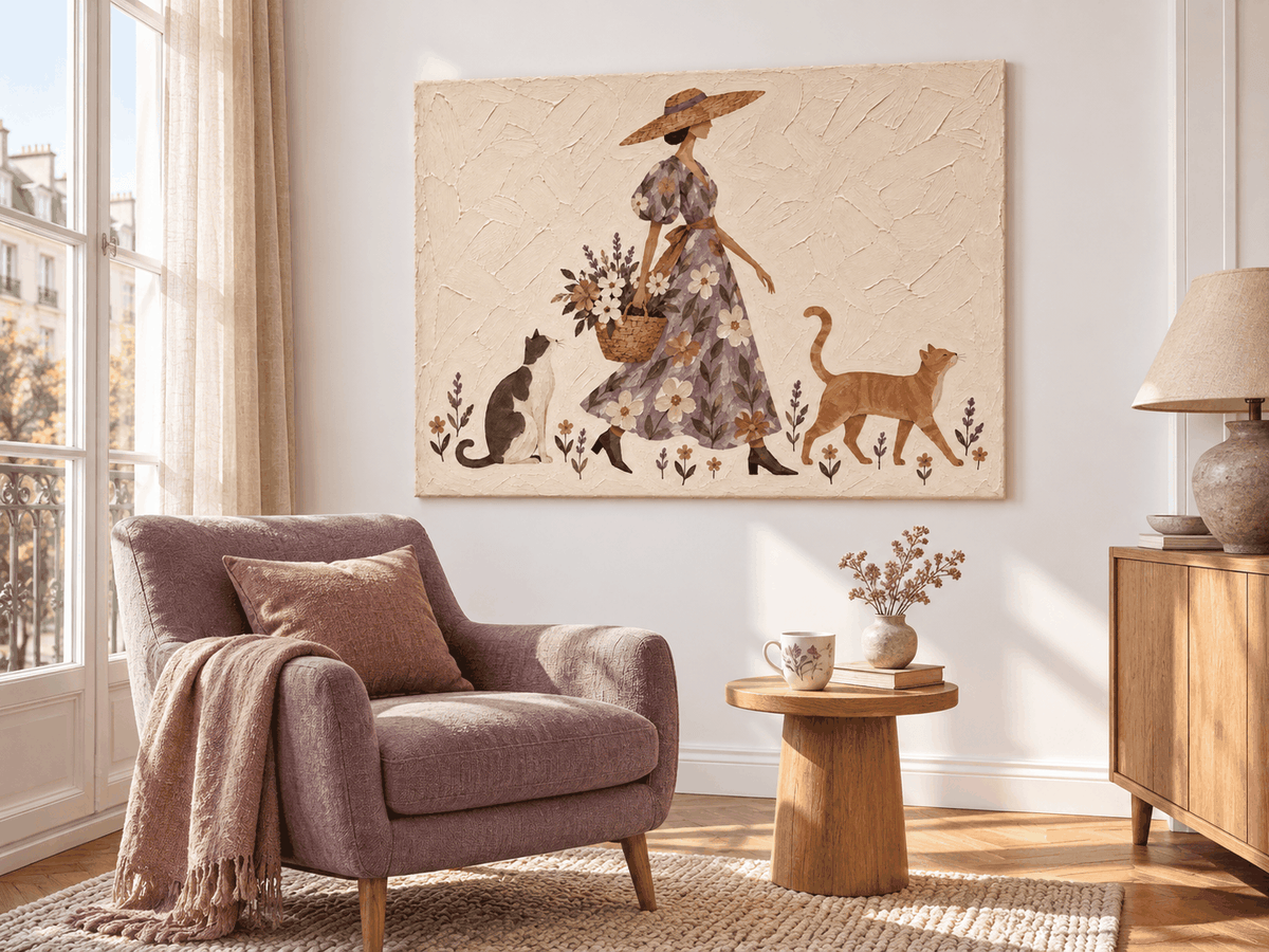 Hand-Painted Lady With Cats And Flowers Canvas Art In Beige And Purple
