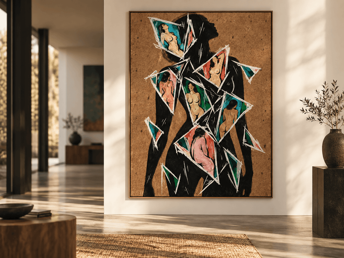 Abstract Female Silhouette Hand-Painted Canvas Art With Fragmented Nude Figures In Teal And Pink