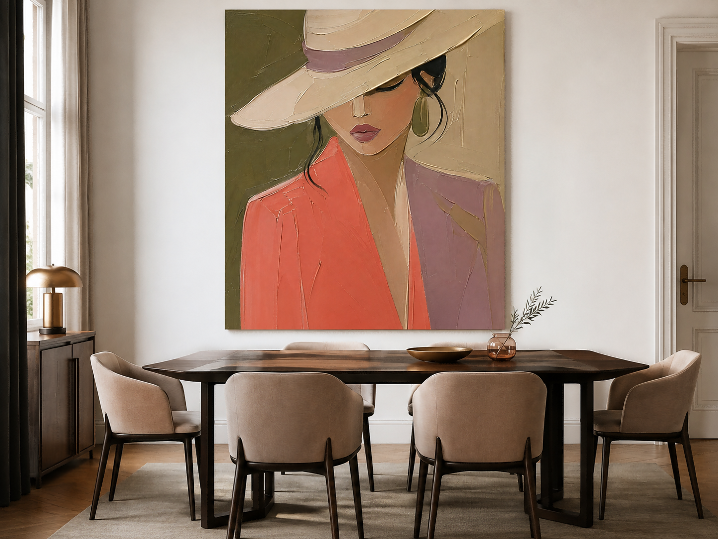 Modern Abstract Woman Portrait Painting With Hat Impasto Texture Square Canvas Art For Living Room