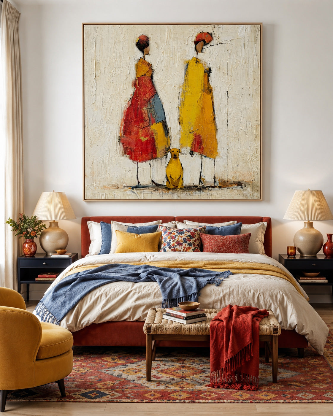 Abstract People Painting With Dog Warm Tones Textured Canvas Wall Art For Living Room Decor