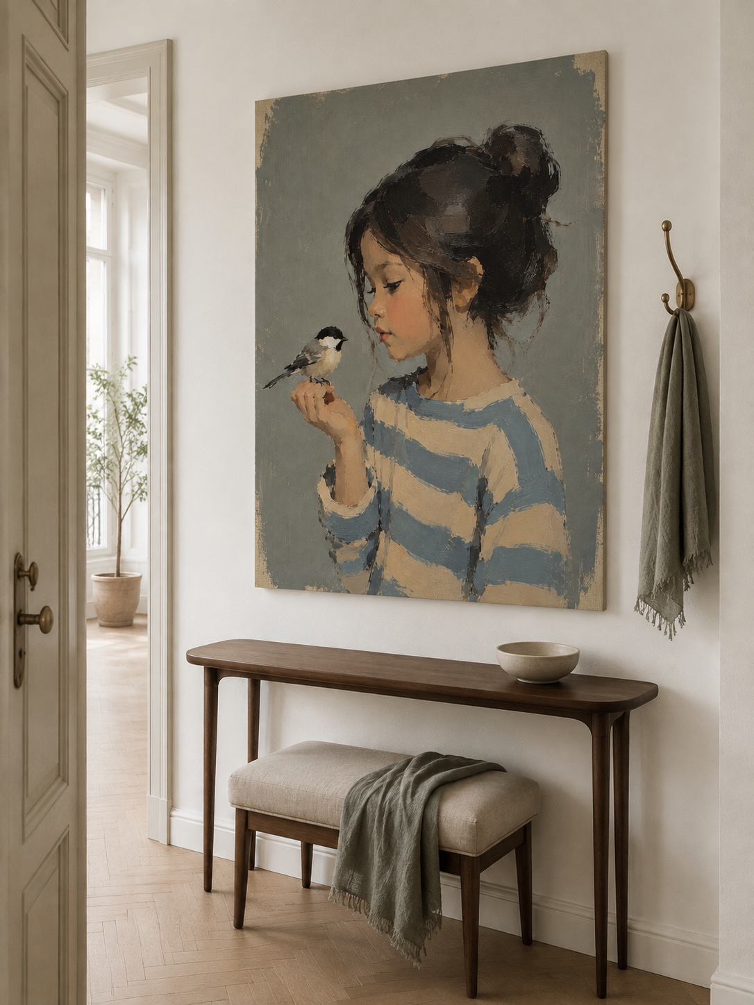 Modern Bedroom Wall Art Girl And Bird Painting Blue Beige Tones