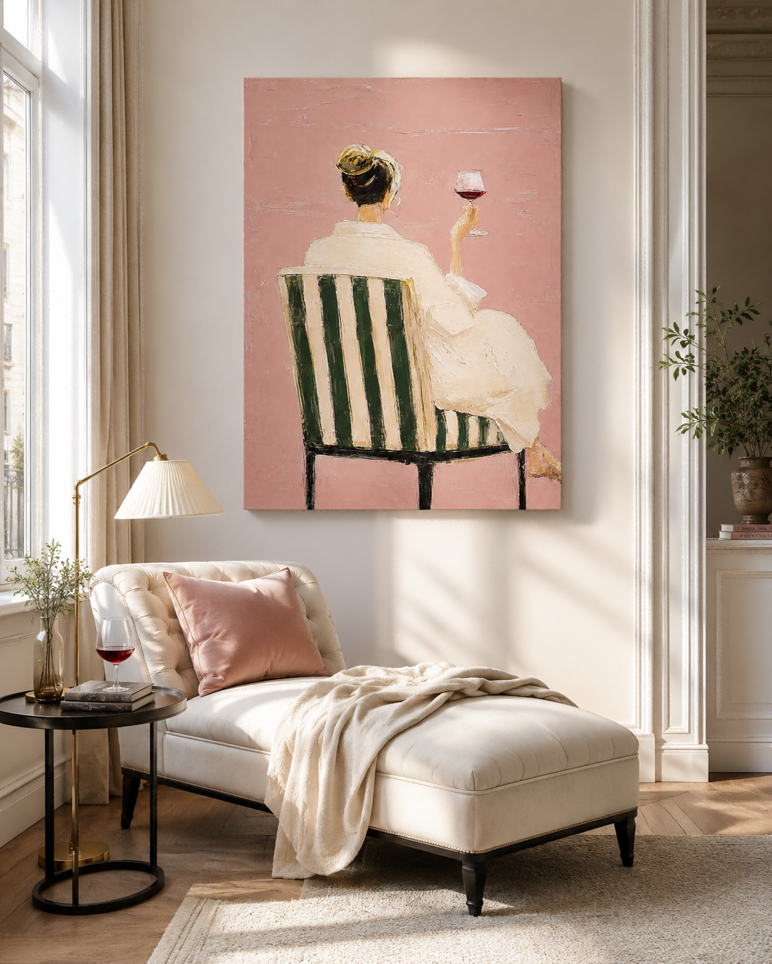Modern Impressionist Canvas Painting Textured Pink And Green Abstract Figure Art For Sale
