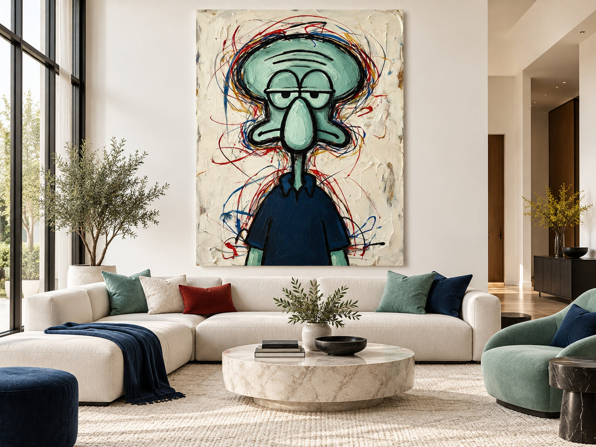 Hand-Painted Squidward Portrait With Colorful Graffiti Lines On Canvas