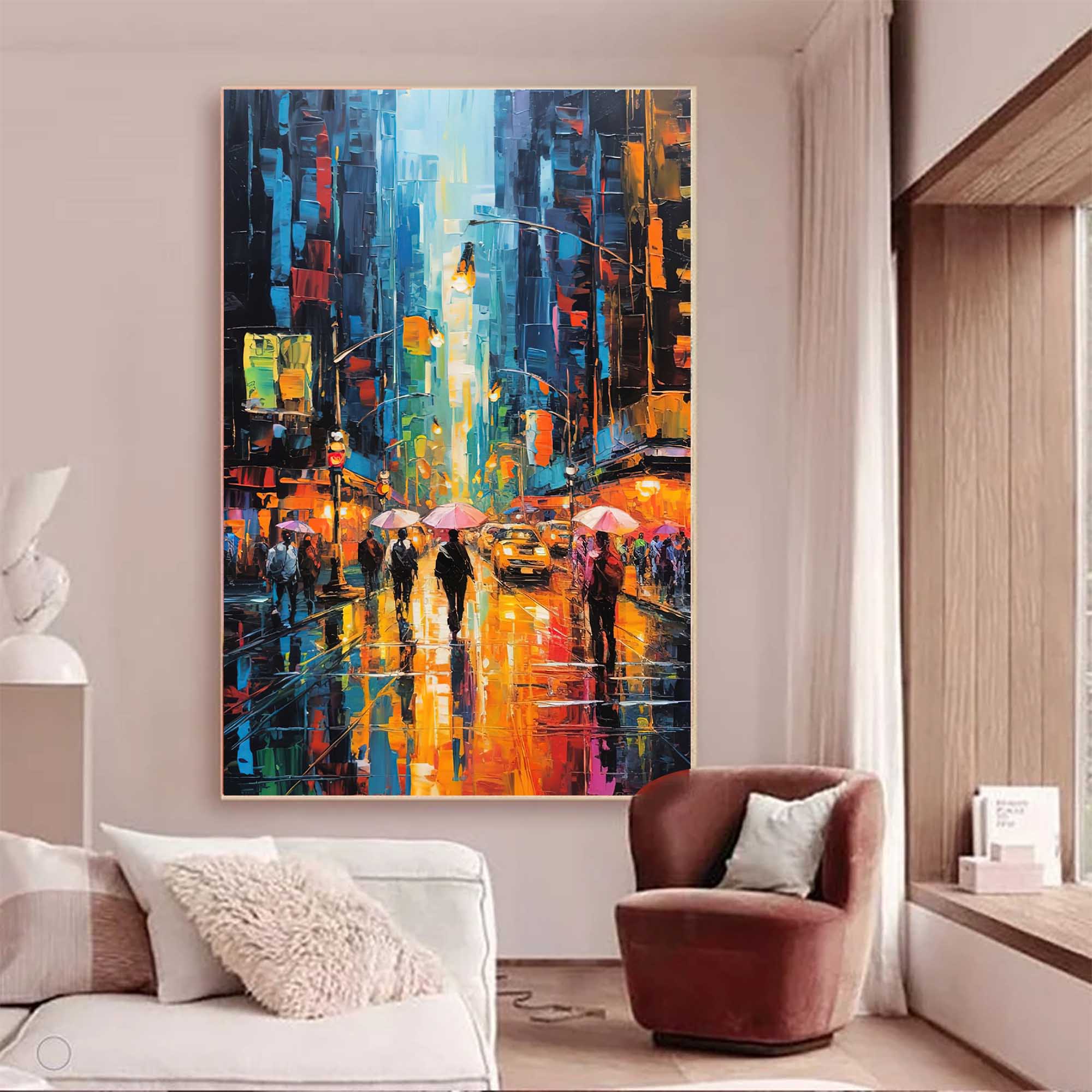 Original Urban Rain Scene oil Painting On Canvas Modern Wall Art Abstract Cityscape Painting Living room Wall Decor