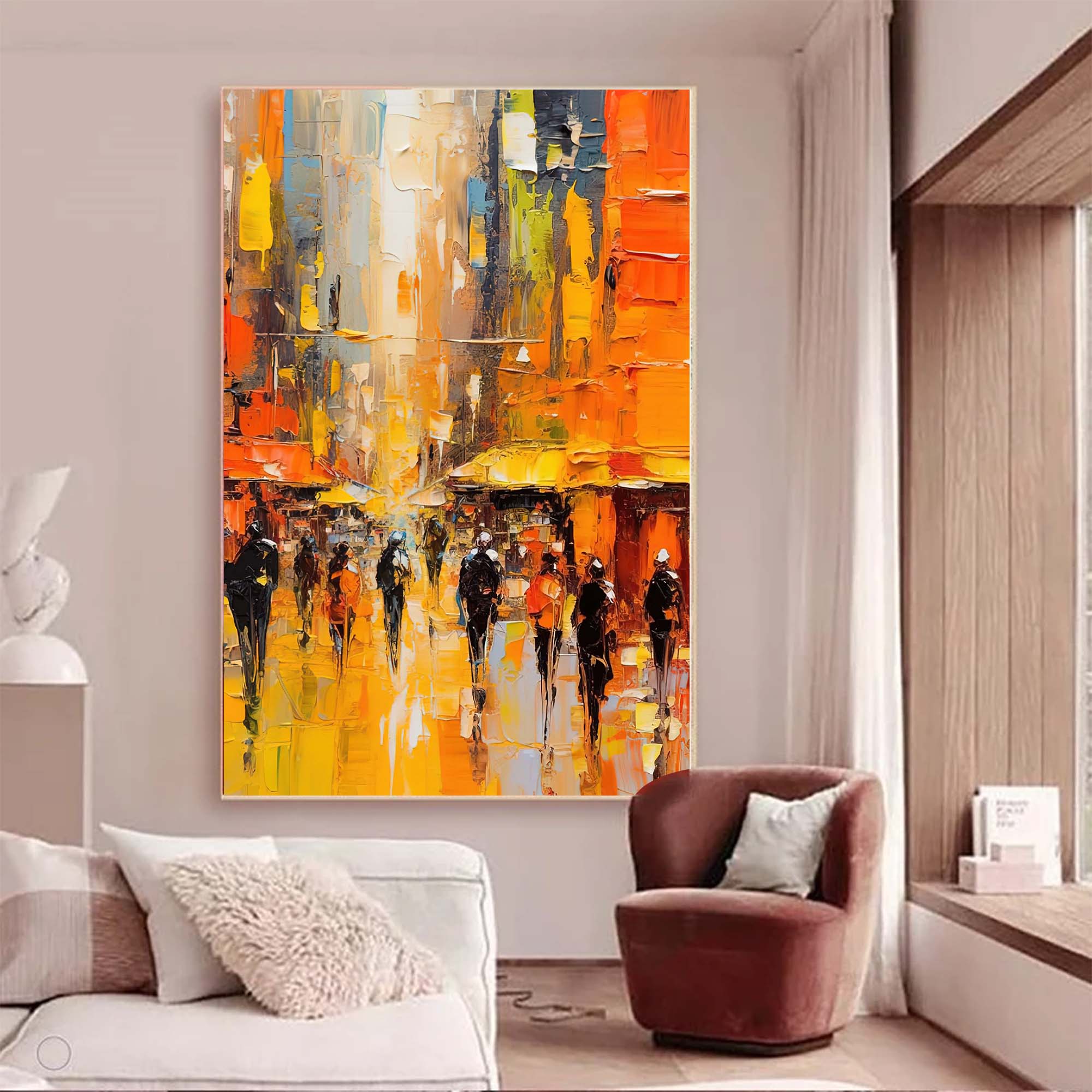 Yellow Abstract Large Cityscape Oil Painting On Canvas Original Urban Scene Art Modern Colorful Wall Art Living Room