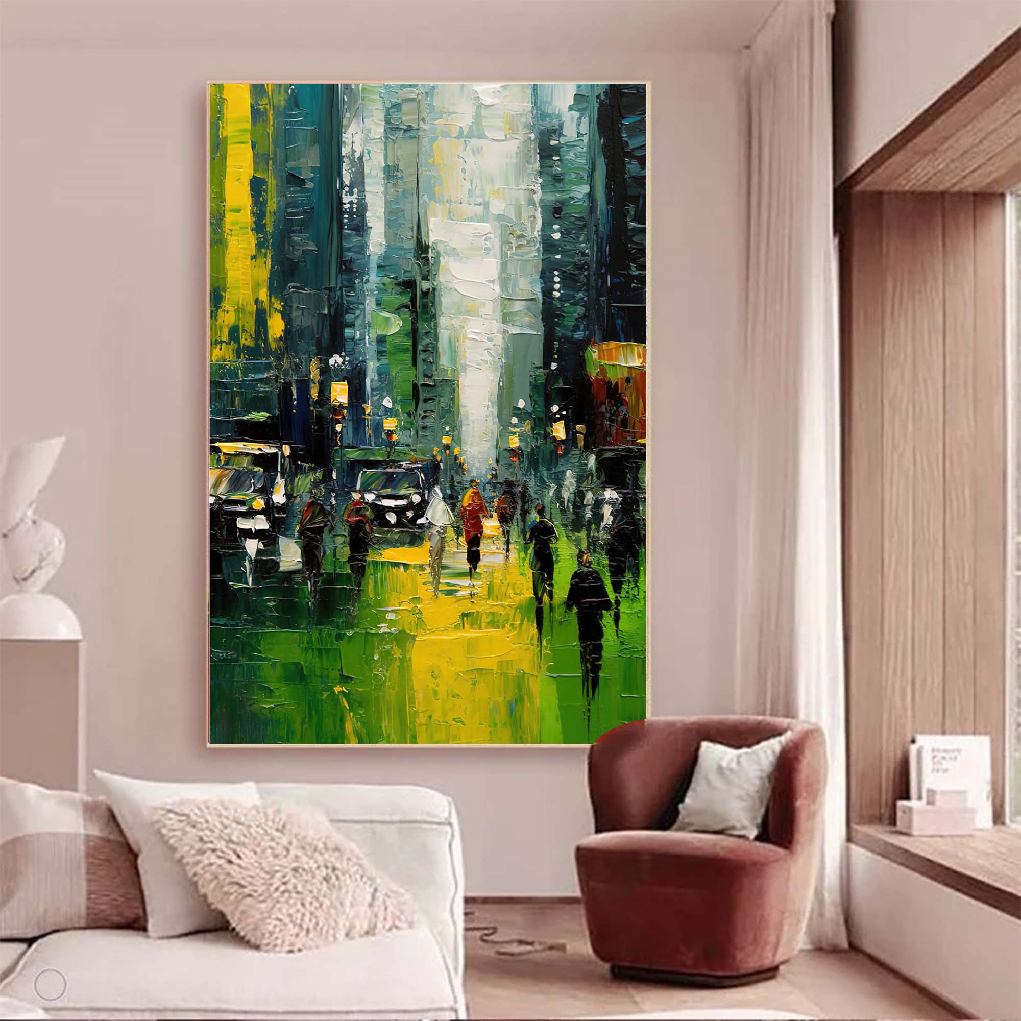 Original City Buildings Texture Urban Oil Painting Cityscape Green City Canvas Wall Art For Home Decor