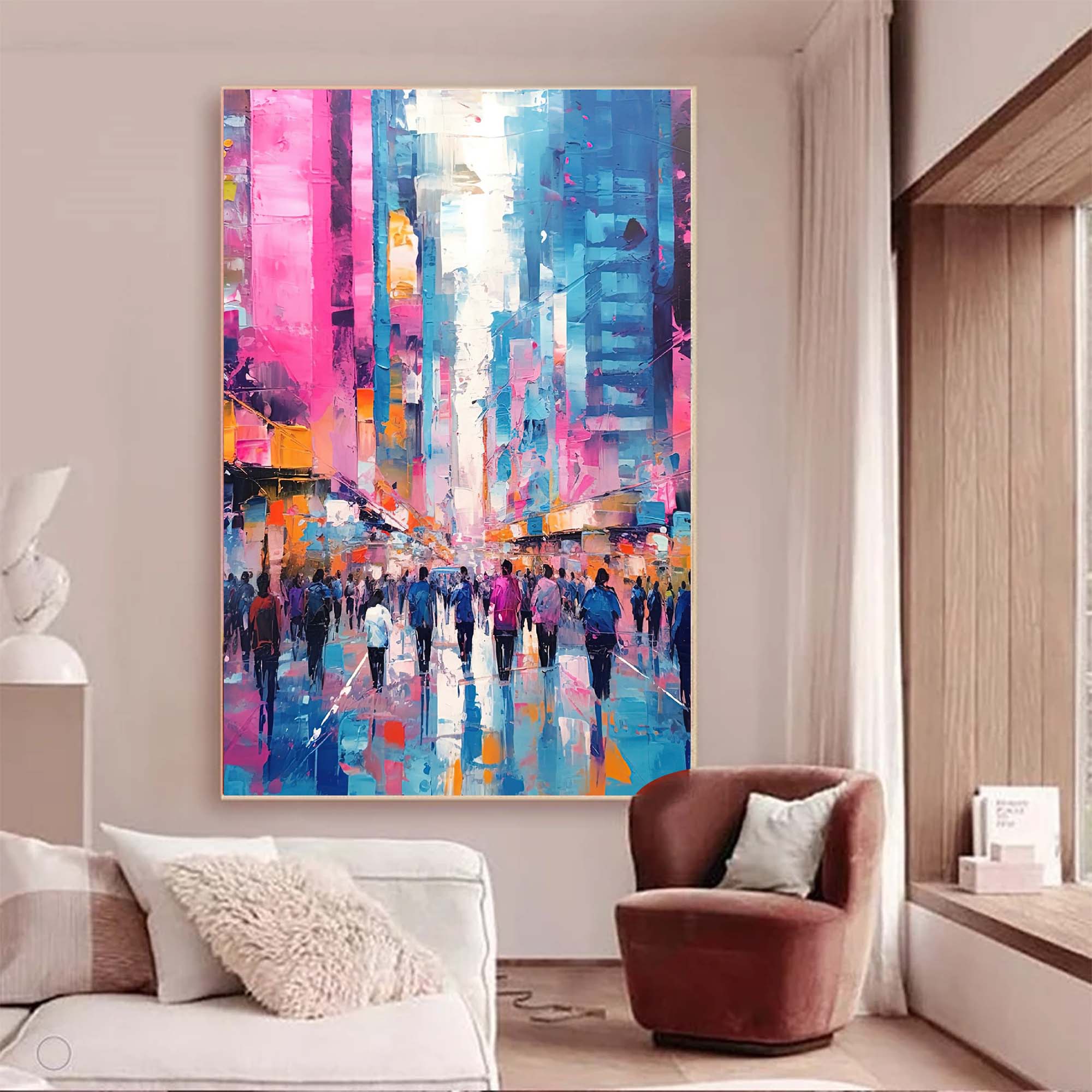 Abstract Urban Scene Art Original Modern Cityscape Oil Painting On Canvas Large Colorful Wall Art Living Room Decor