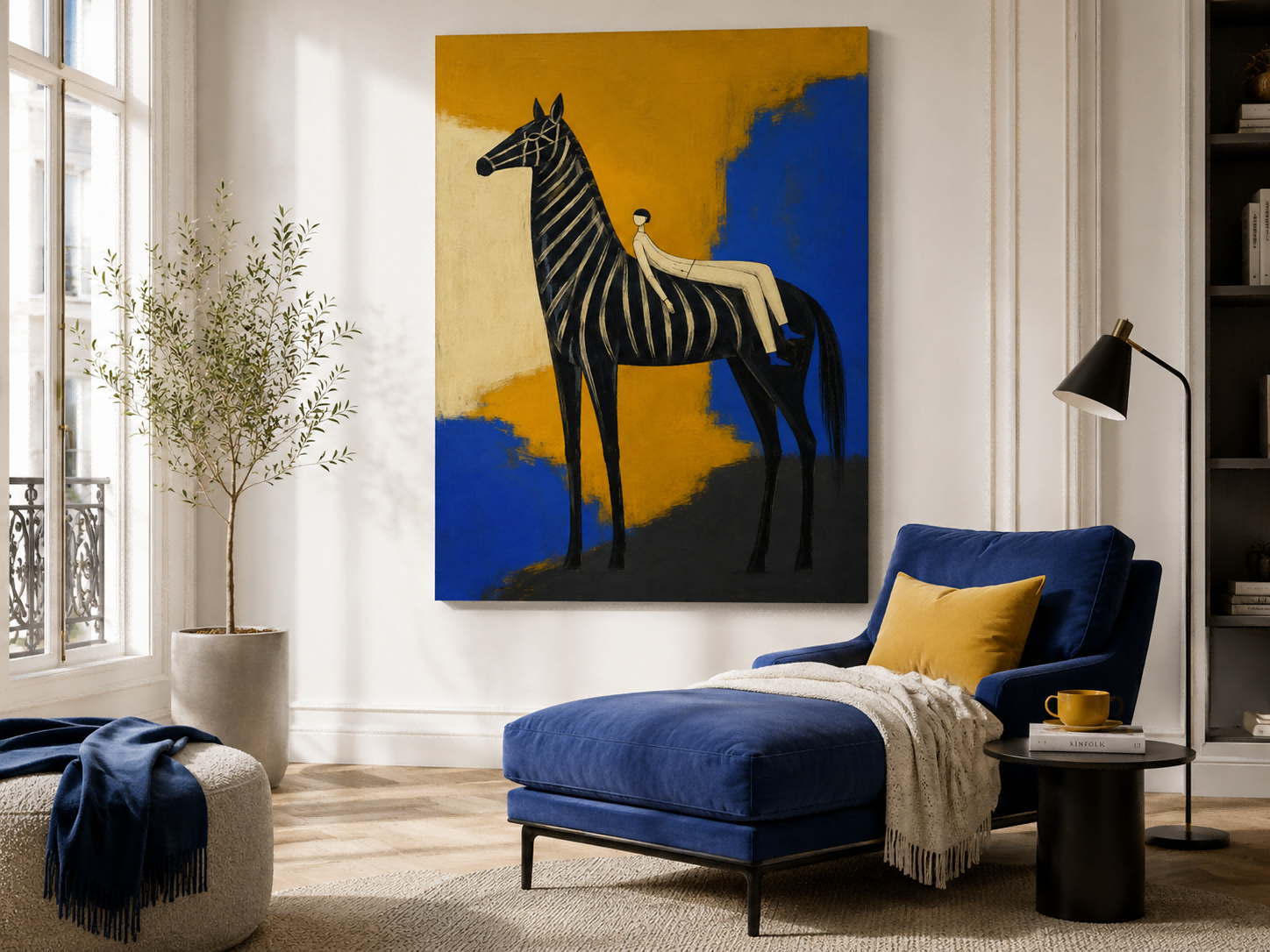 Abstract Zebra And Figure Canvas Painting With Bold Gold Blue Colors