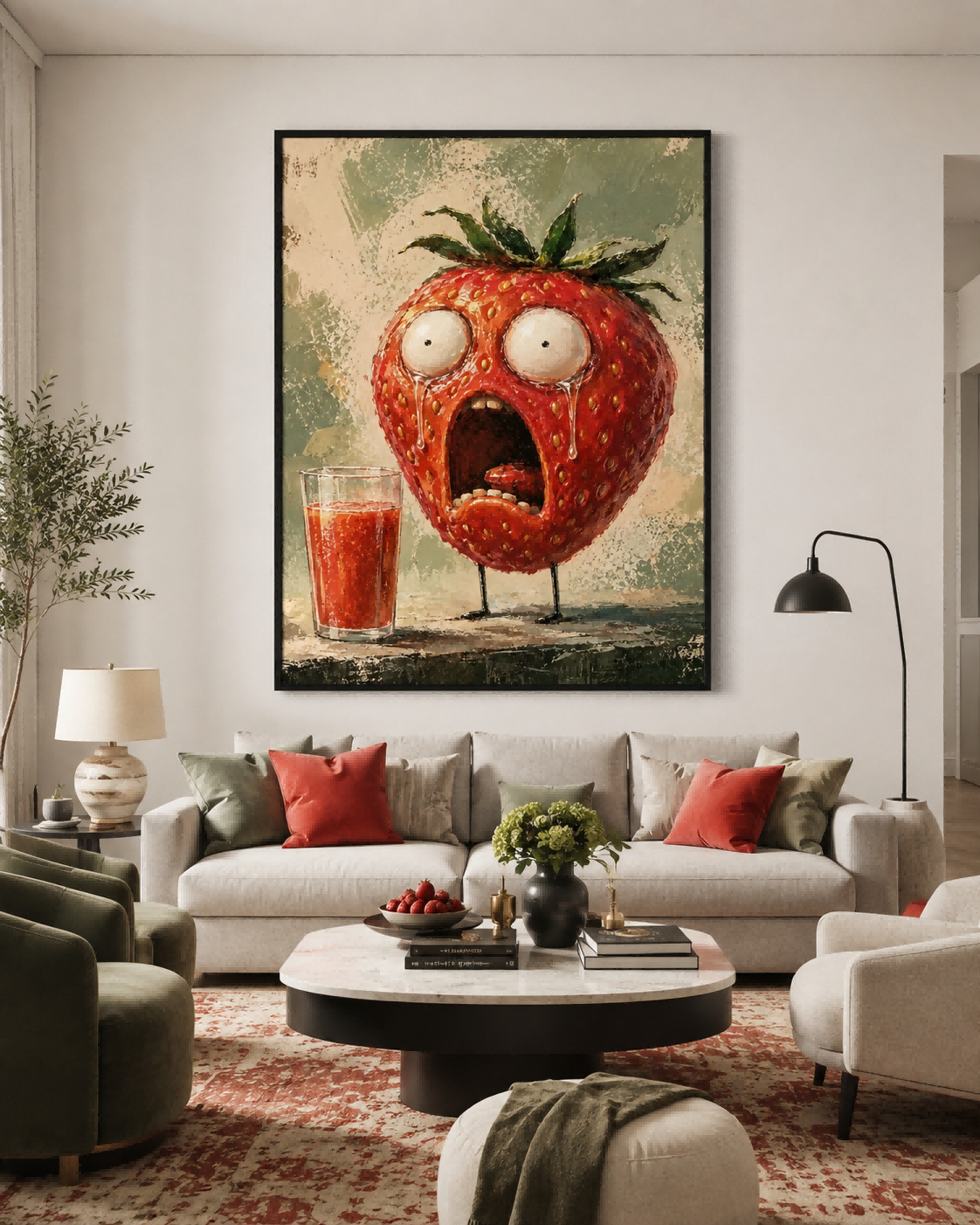 Surreal Anthropomorphic Fruit Art Canvas Featuring A Dramatic Strawberry Character