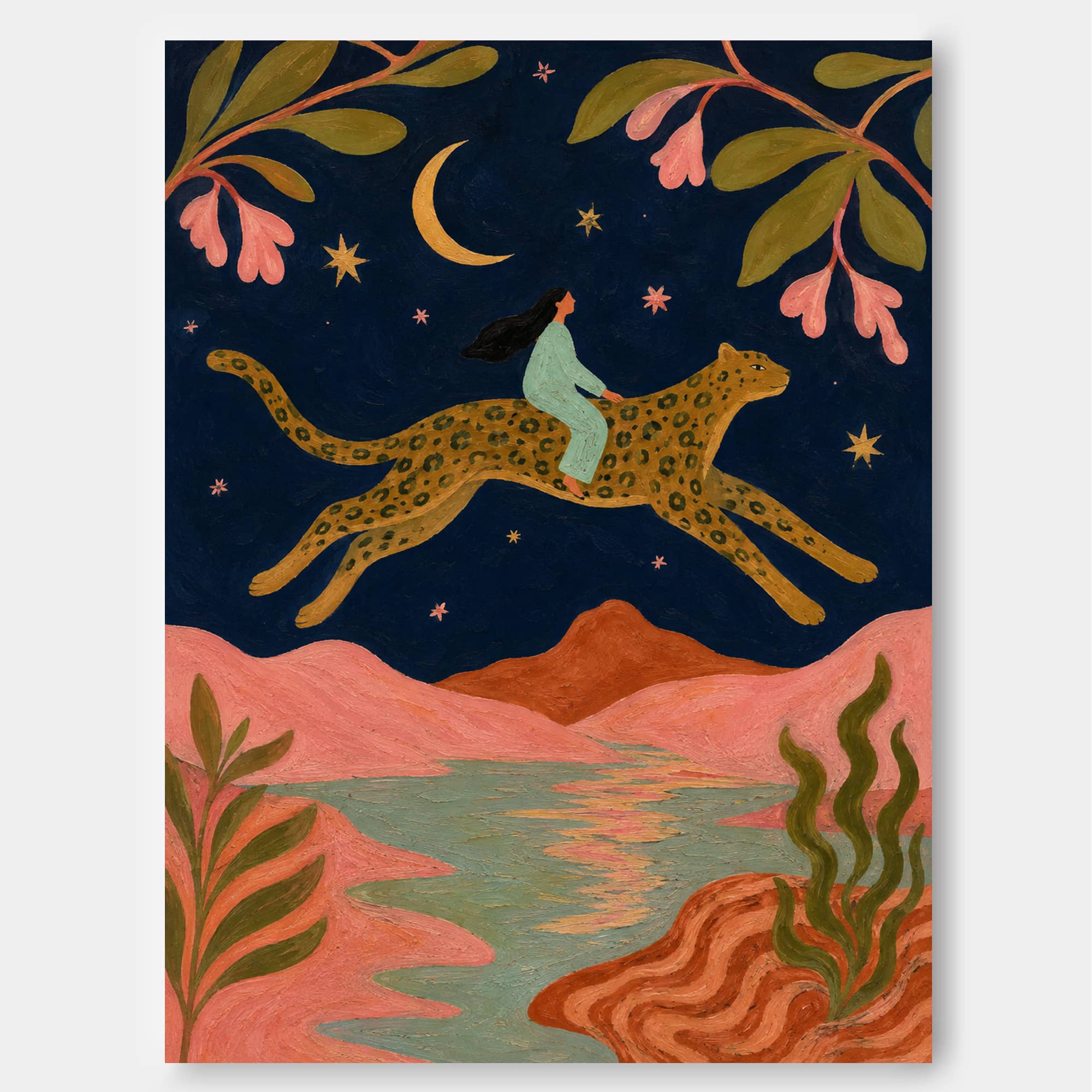 Art Deco Fantasy Painting With Leopard And Floral Motifs Original Canvas Artwork