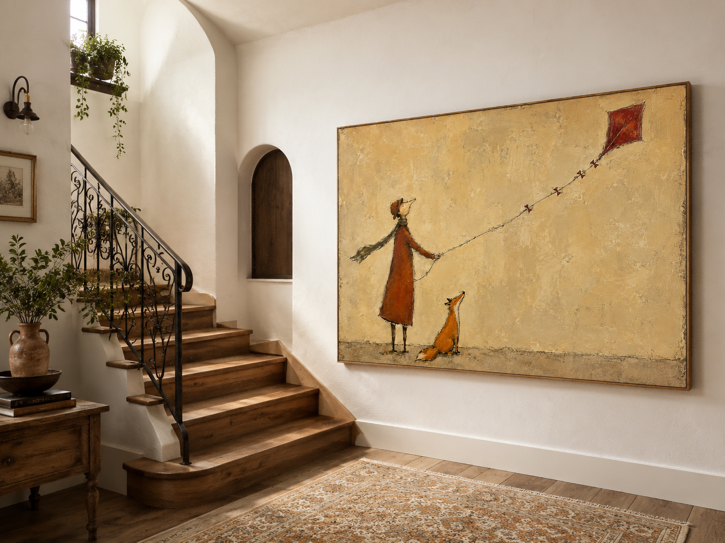 Hand-Painted Fox And Person With Red Kite Canvas Art For Home