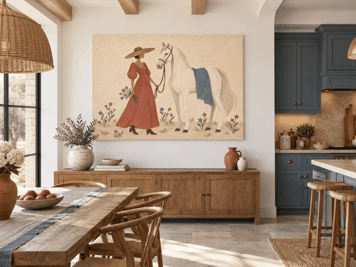 Woman With White Horse Hand-Painted Canvas Art In Vintage Red Dress
