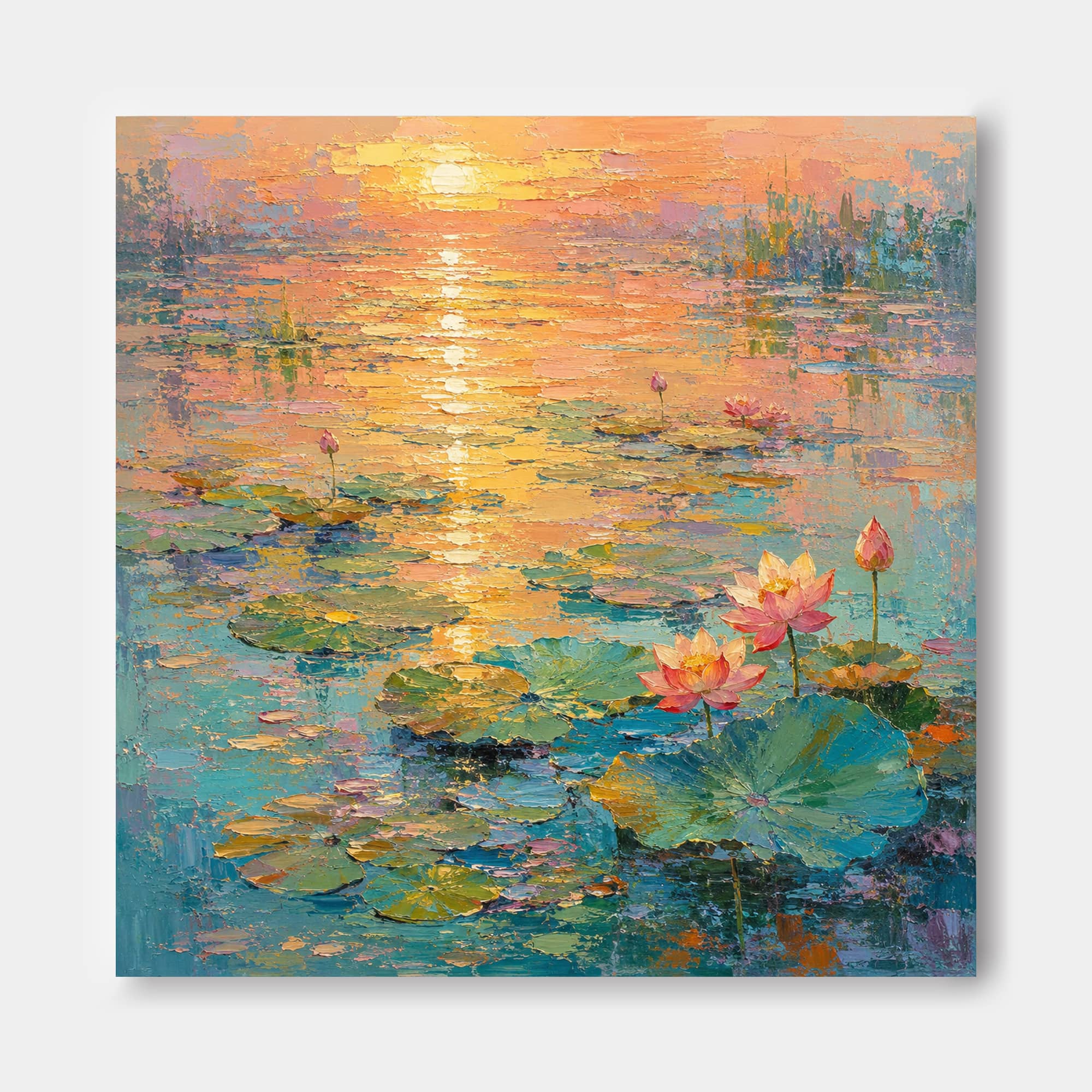 Modern Impressionist Floral Landscape Oil Painting With Gold And Pink Hues