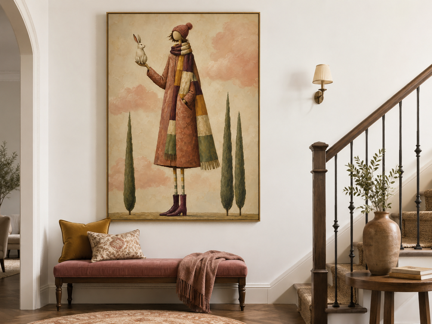 Surrealist Fantasy Oil Painting Of A Girl In A Long Coat With A White Hare