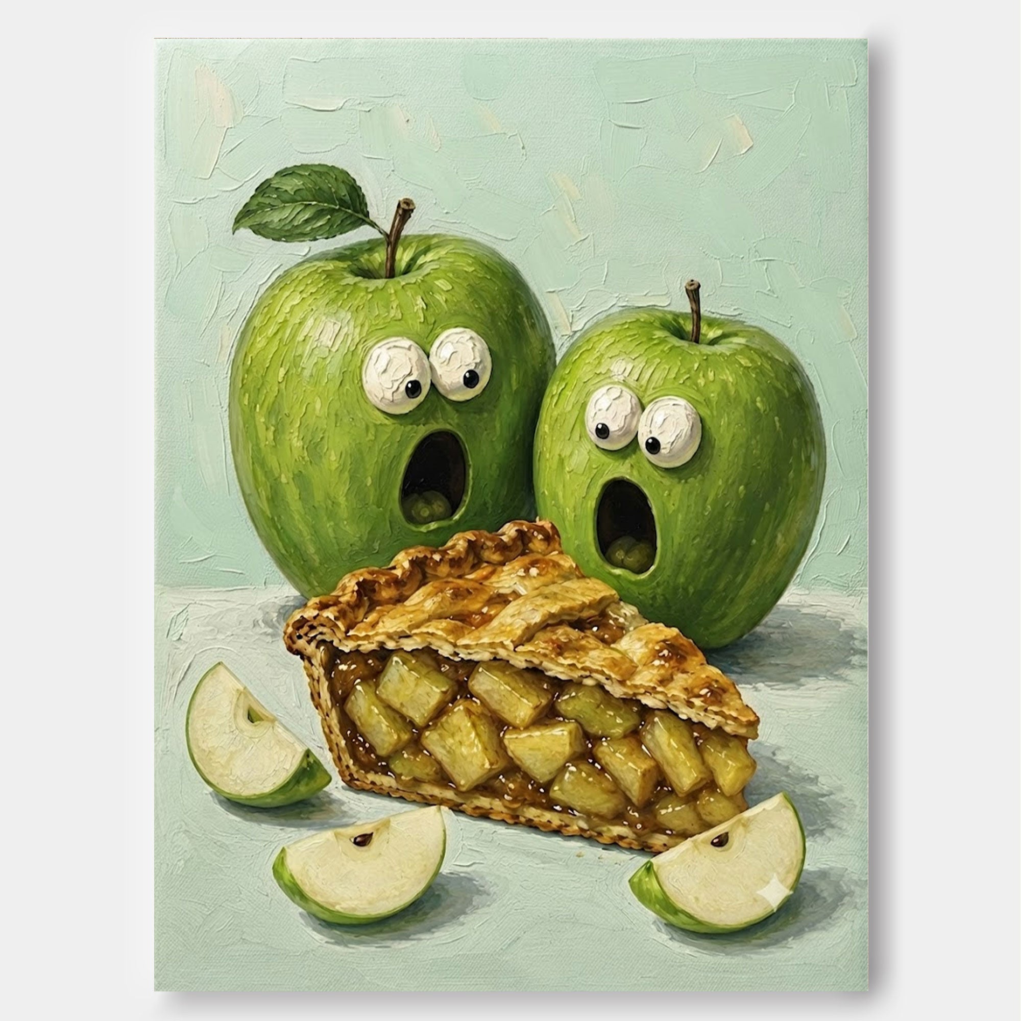 Whimsical Green Apple Pie Painting Abstract Food Art For Modern Kitchen Wall Decor