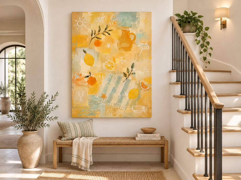 Hand-Painted Citrus Abstract Art With Lemon And Orange On Yellow Canvas