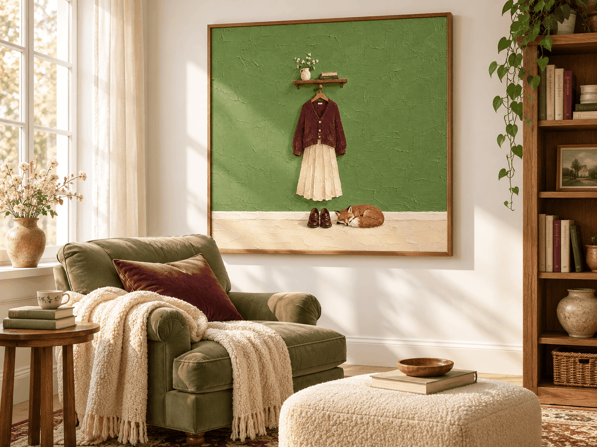 Sleeping Fox And Burgundy Cardigan Hand-Painted Canvas Art With Green Textured Background