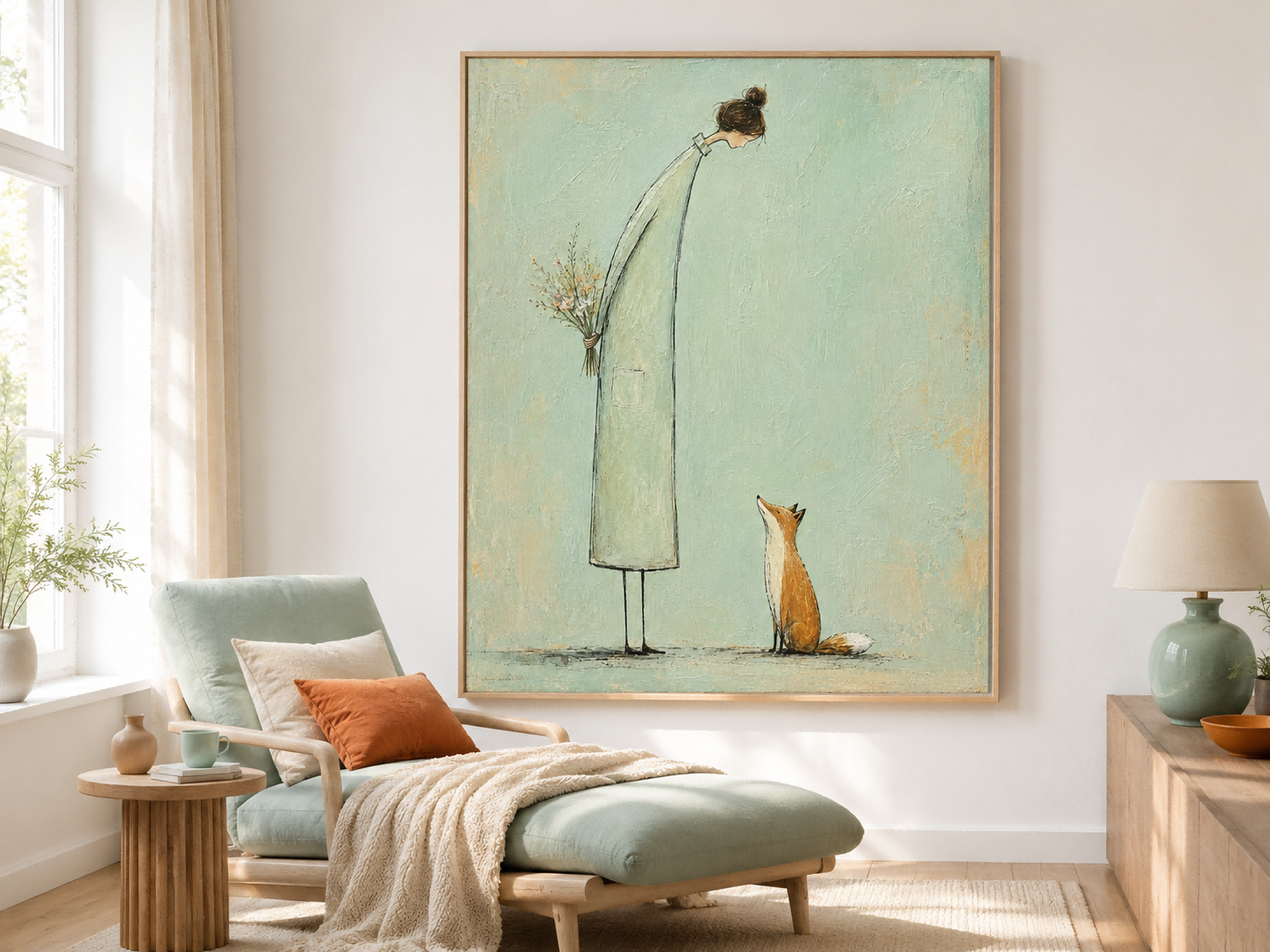 Naive Art Painting Of Woman And Fox With Flowers In Modern Minimalist Style For Living Room Decor