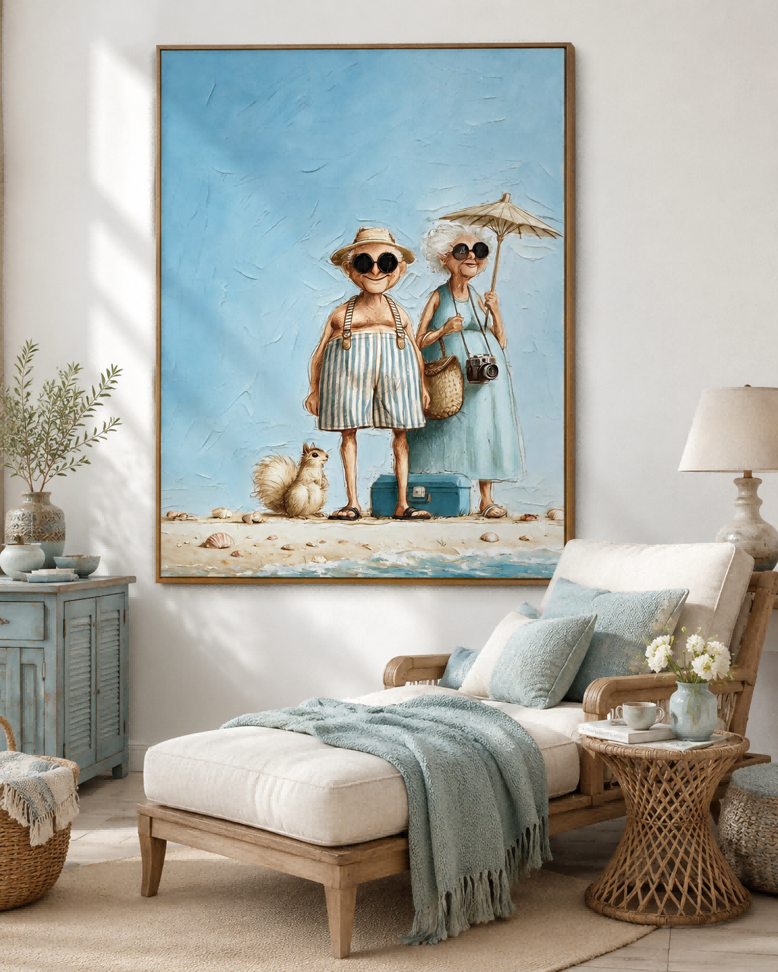 Whimsical Vintage Couple Beach Painting Textured Canvas Wall Art For Living Room Decor