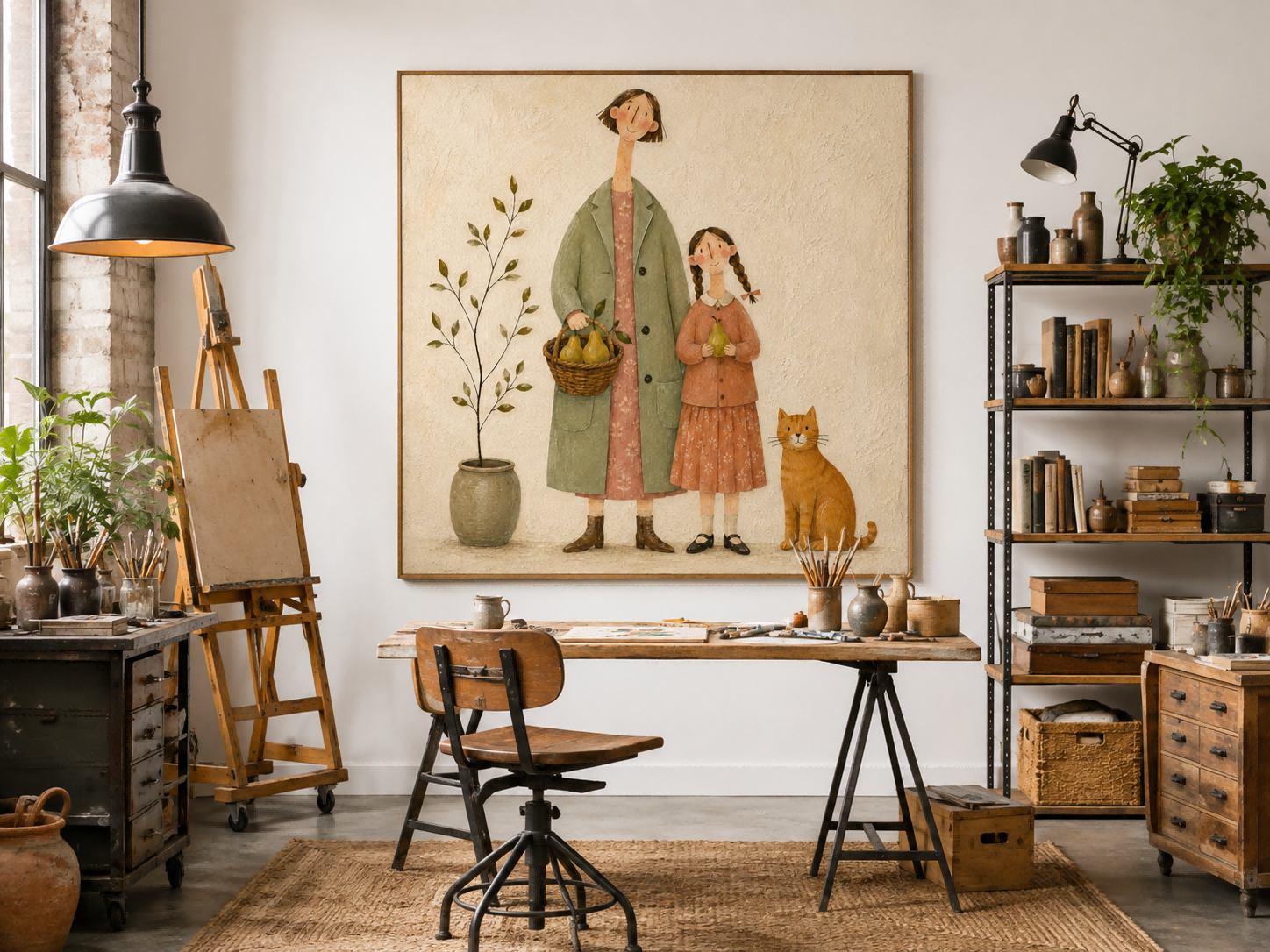 Charming Naive Art Painting Of Family With Cat In Vintage Style For Living Room Decor