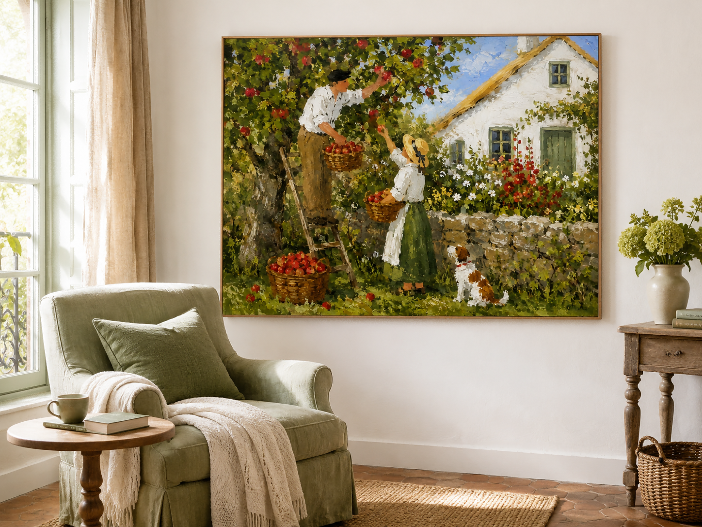 Pastoral Oil Painting Style Canvas Art Of Apple Orchard Harvest With Stone Wall And Flower Garden