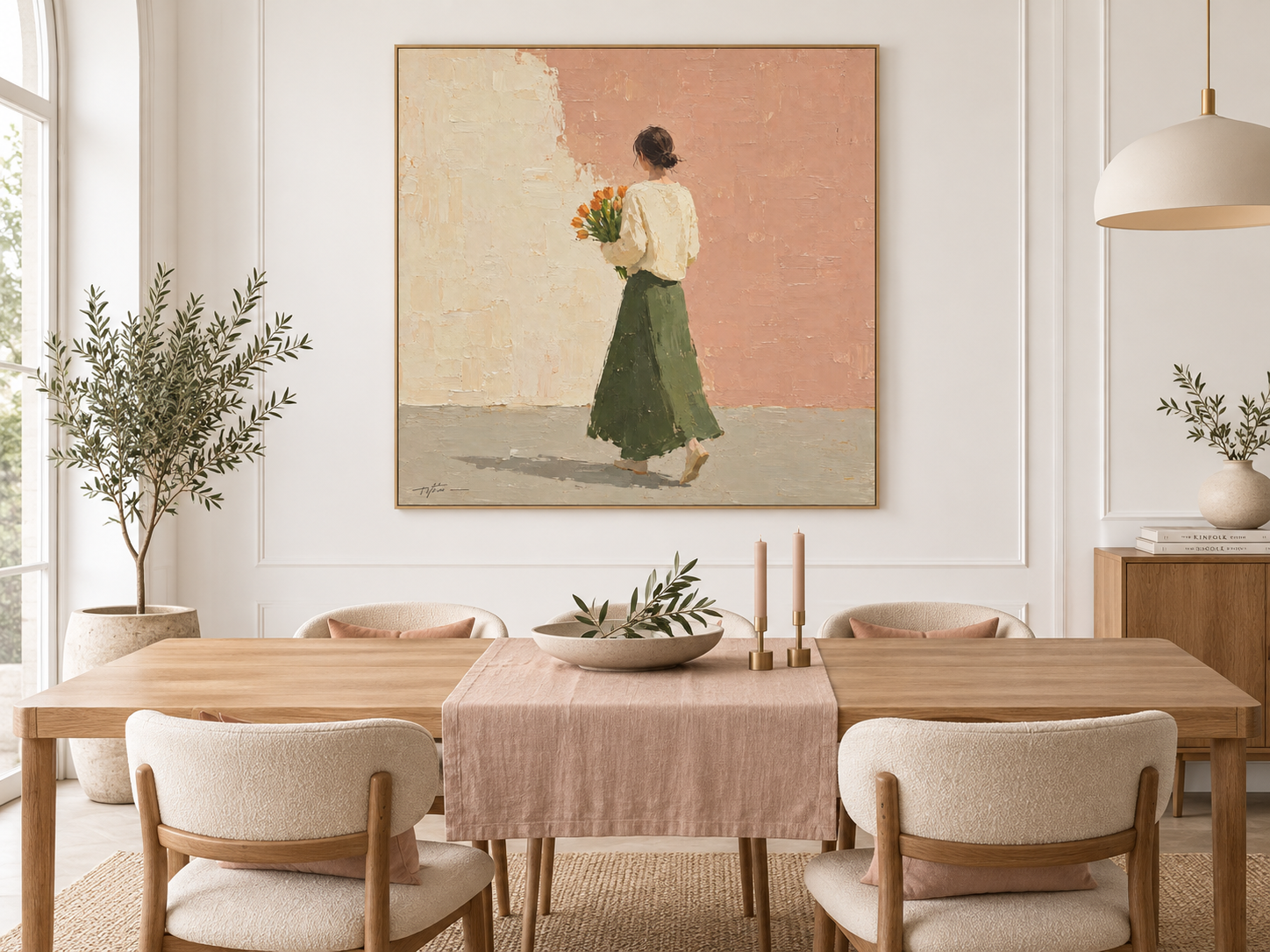 Woman With Orange Tulips Hand-Painted Canvas Art In Beige And Pink