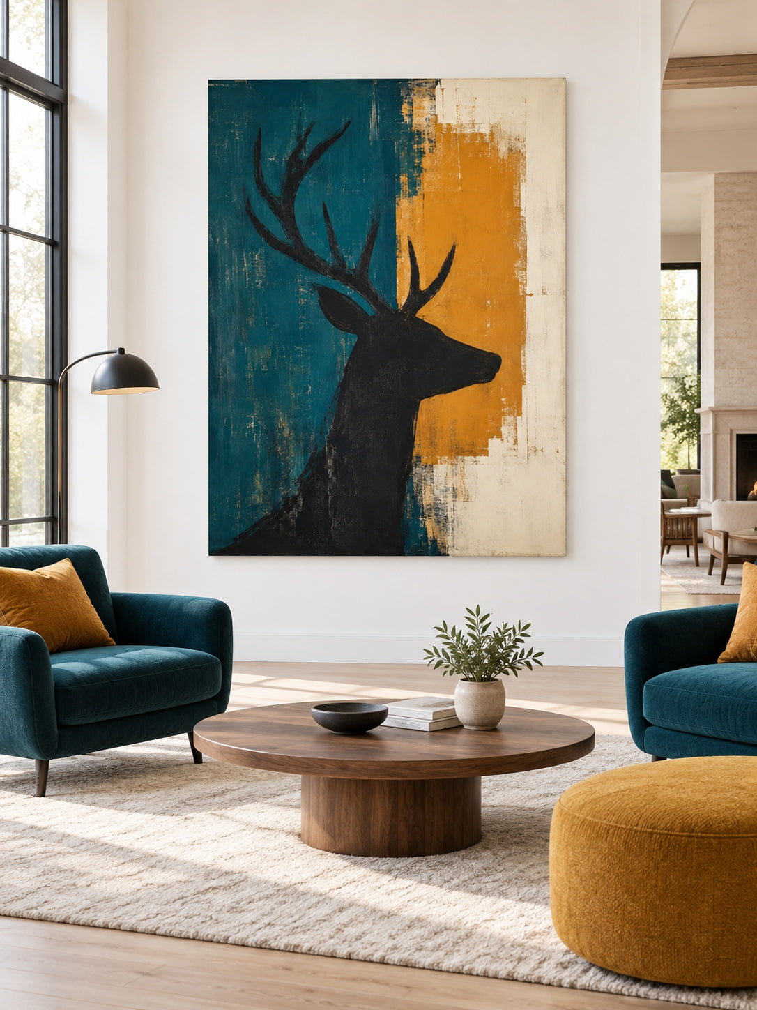 Hand-Painted Black Stag Silhouette Canvas Art With Teal And Amber
