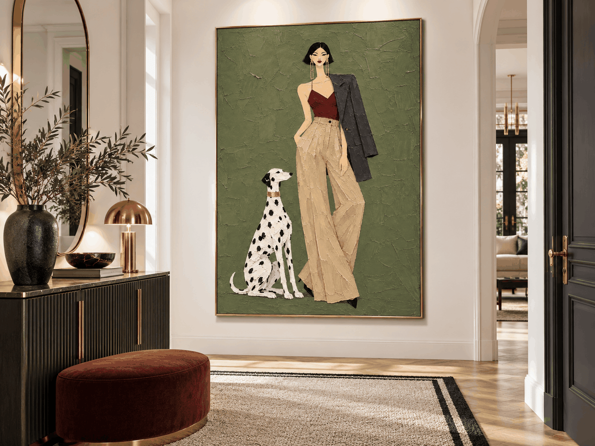 Hand-Painted Fashion Woman And Dalmatian Dog Canvas Art Vintage Modern Textured Painting