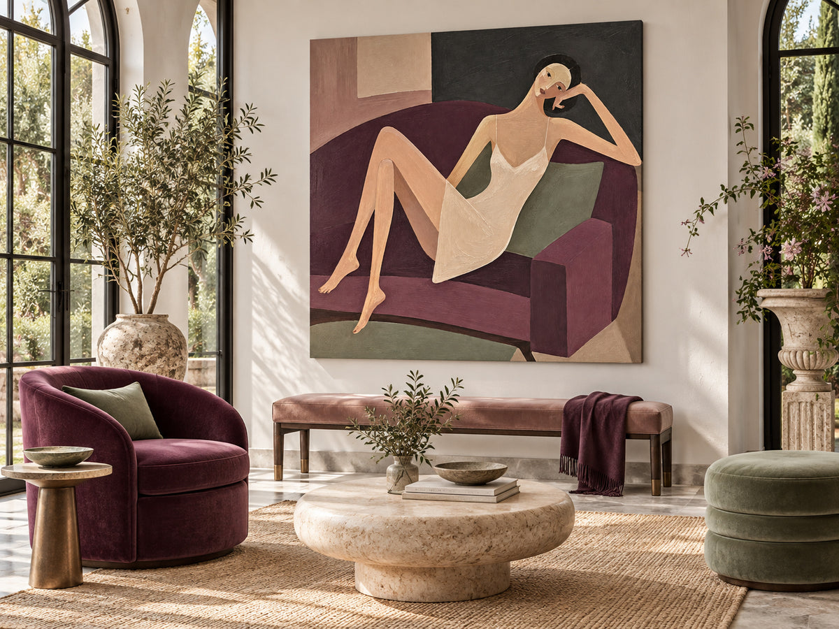 Minimalist Retro Style Canvas Art Textured Painting Of Lady Relaxing On Sofa Original
