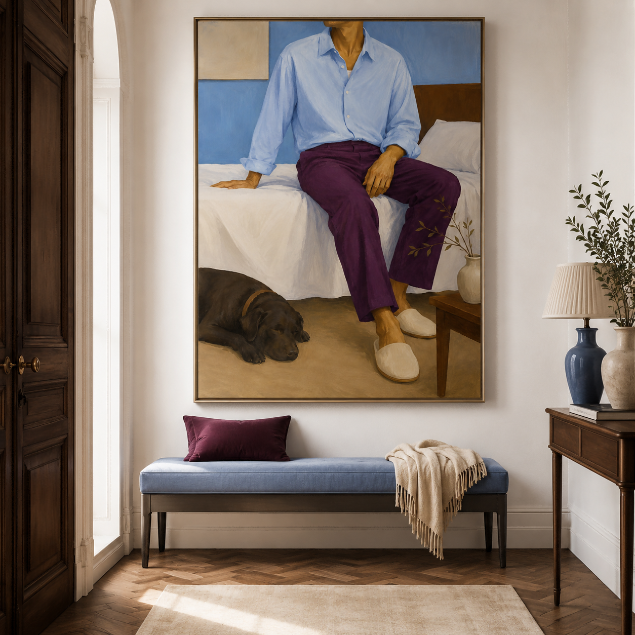 Modern Realist Oil Painting Of Casual Life And Companionship Cozy Bedroom Wall Art With Man And Pet Dog In Blue Tones