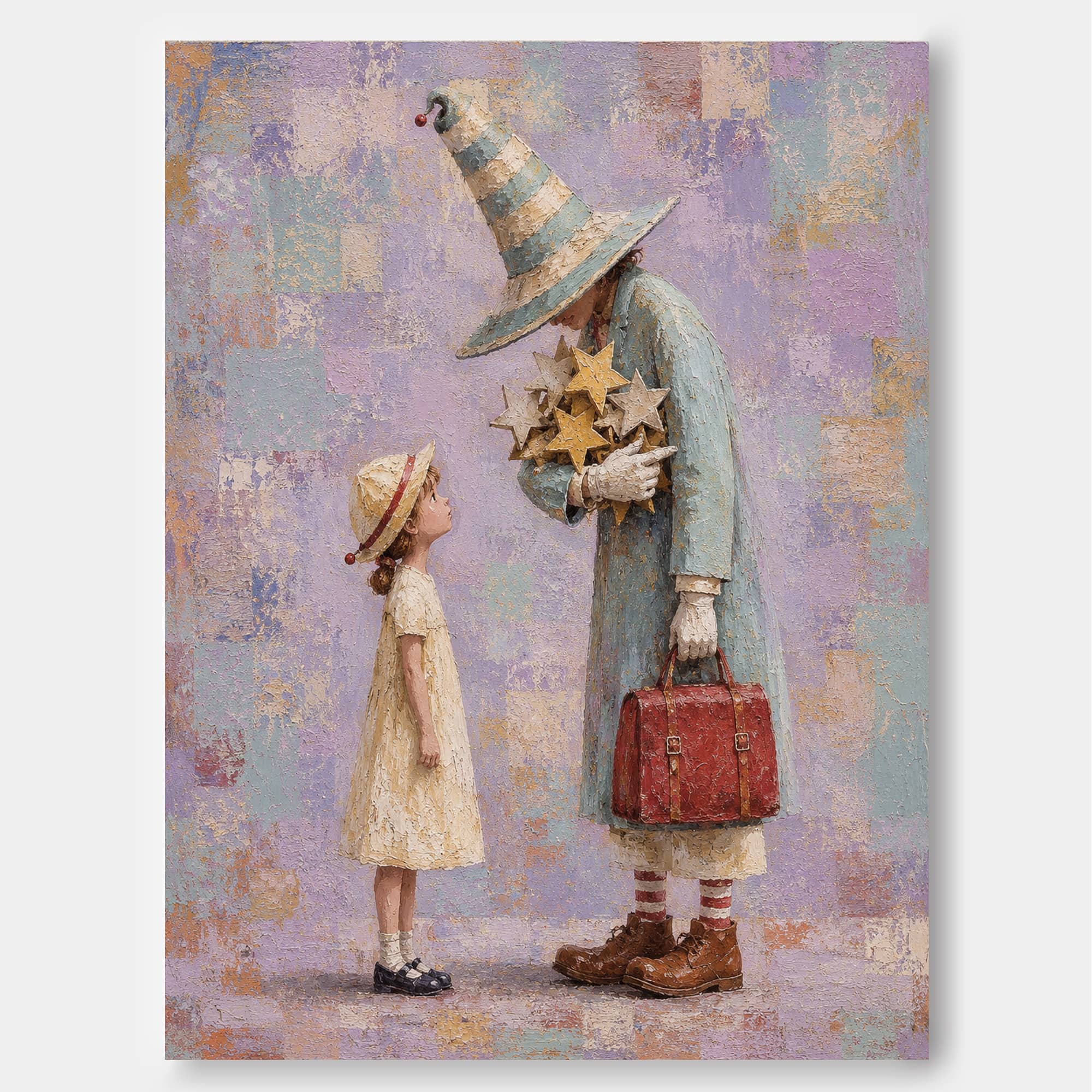 Wizard And Girl With Stars Hand-Painted Fantasy Canvas Art In Dreamy Purple