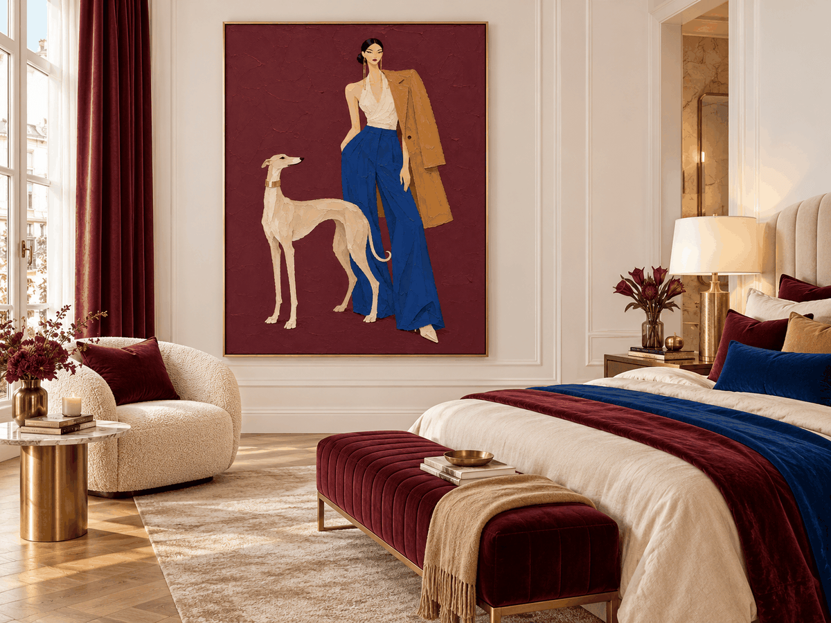 Fashion Woman And Greyhound Dog Canvas Painting In Burgundy Red