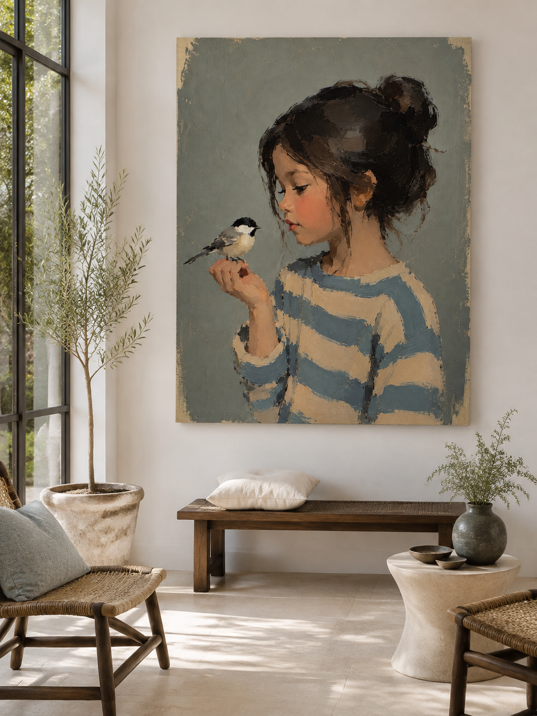 Modern Bedroom Wall Art Girl And Bird Painting Blue Beige Tones