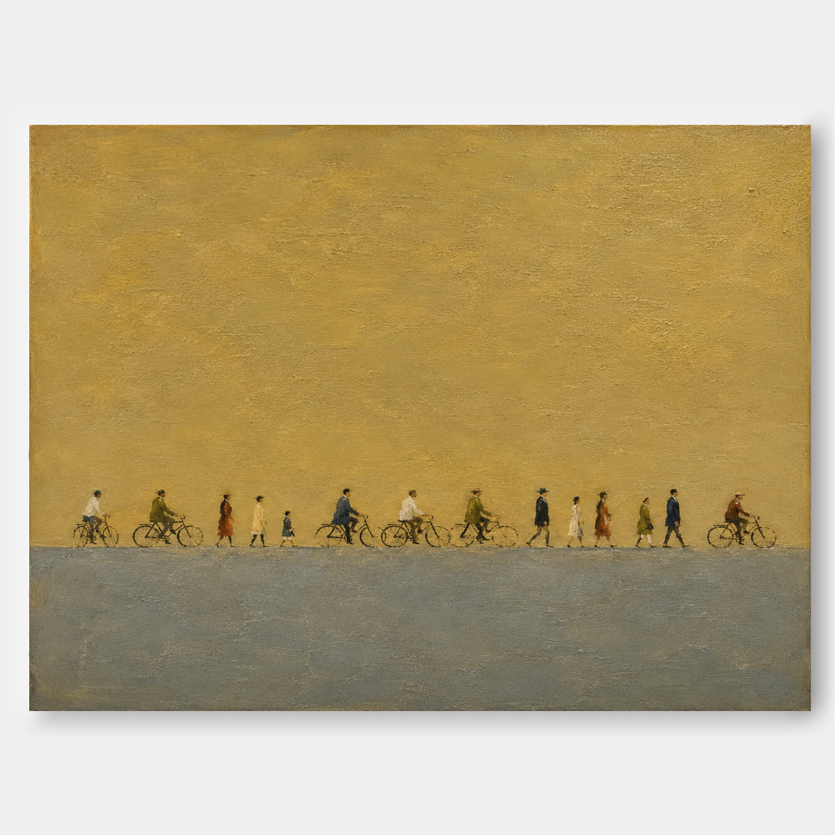 Vintage People Procession Hand-Painted Canvas Art In Gold And Grey Tones