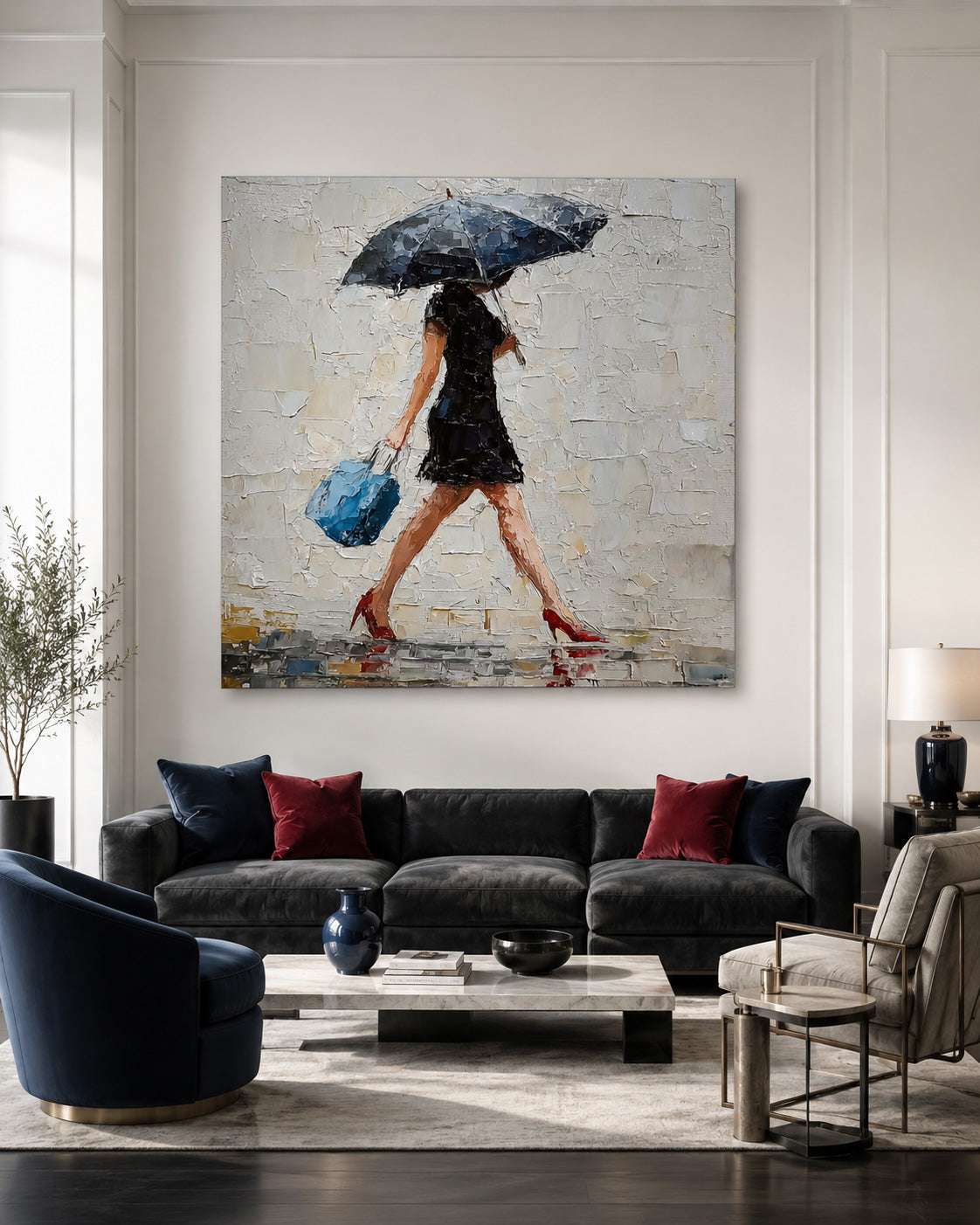 Rainy Day Romance Abstract Figure Painting Red Heels And Blue Bag Square Wall Art
