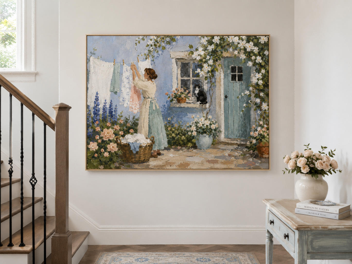 Woman Hanging Laundry With Cat In Blue Cottage Garden Hand-Painted Canvas Art