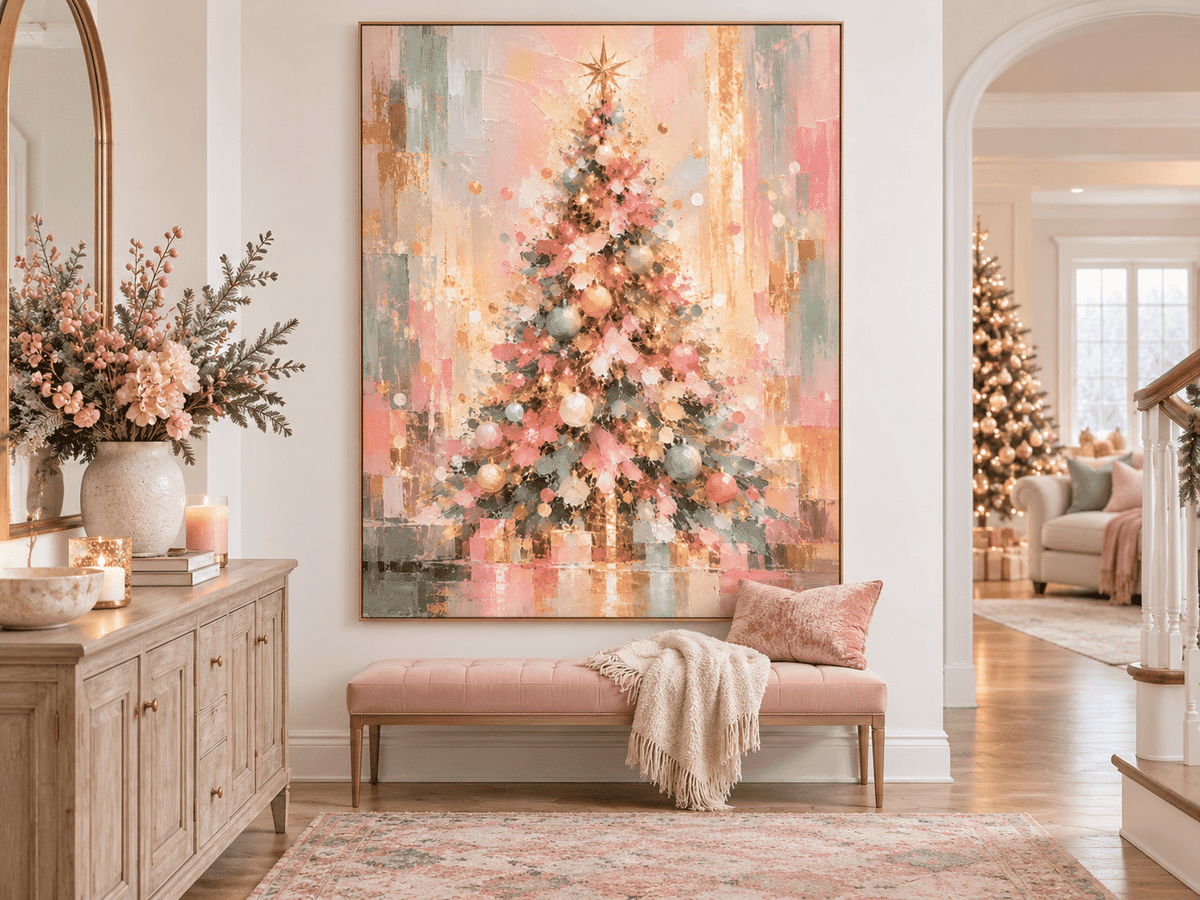 Hand-Painted Abstract Christmas Tree Canvas Art In Pink And Gold Modern Vintage Abstract Painting