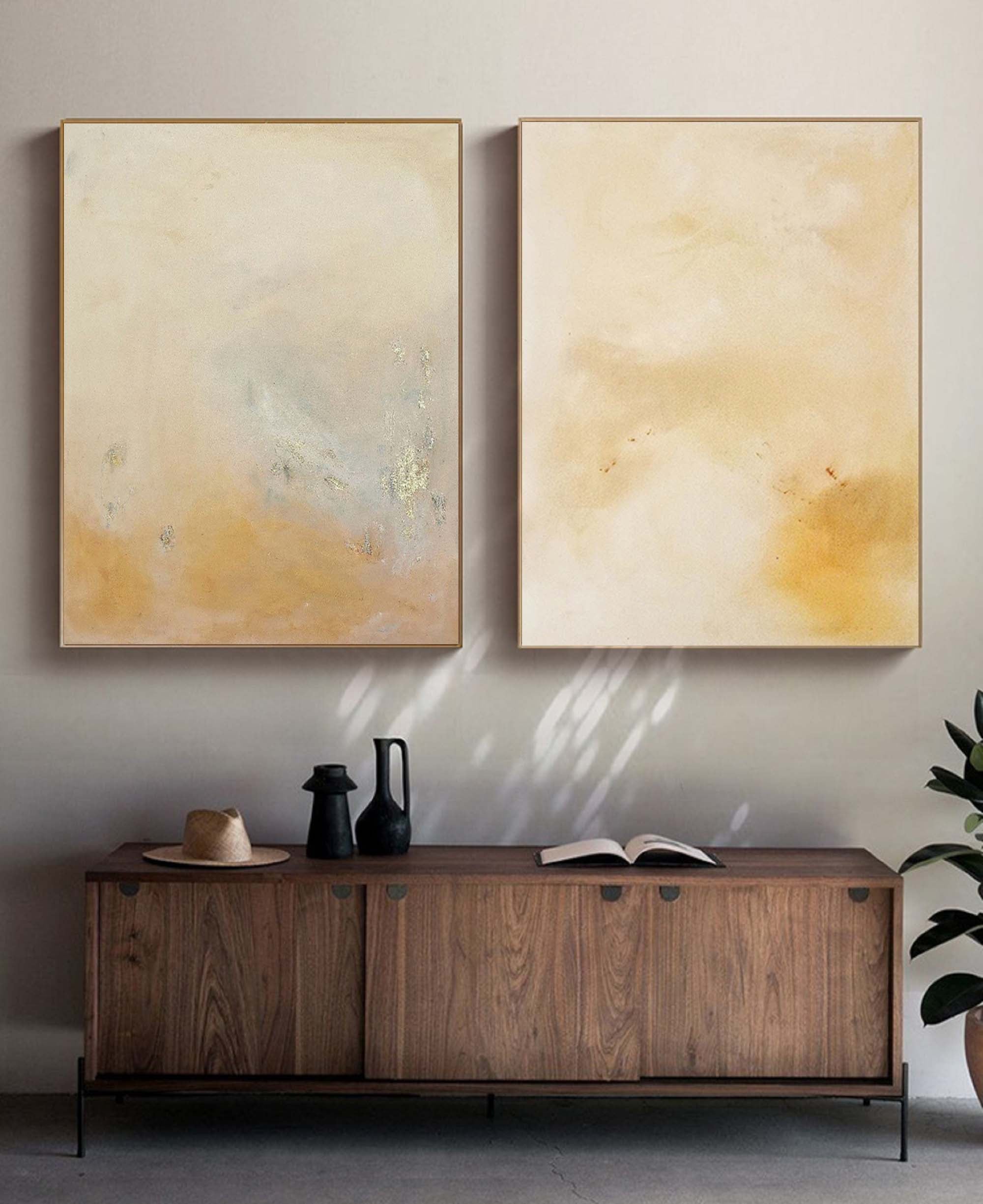 Set of 2 Yellow Minimalist Abstract Oil Paintings Contemporary Canvas Wall Art For Living Room