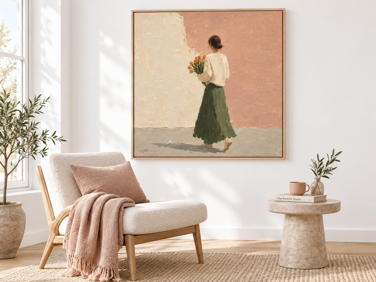 Woman With Orange Tulips Hand-Painted Canvas Art In Beige And Pink