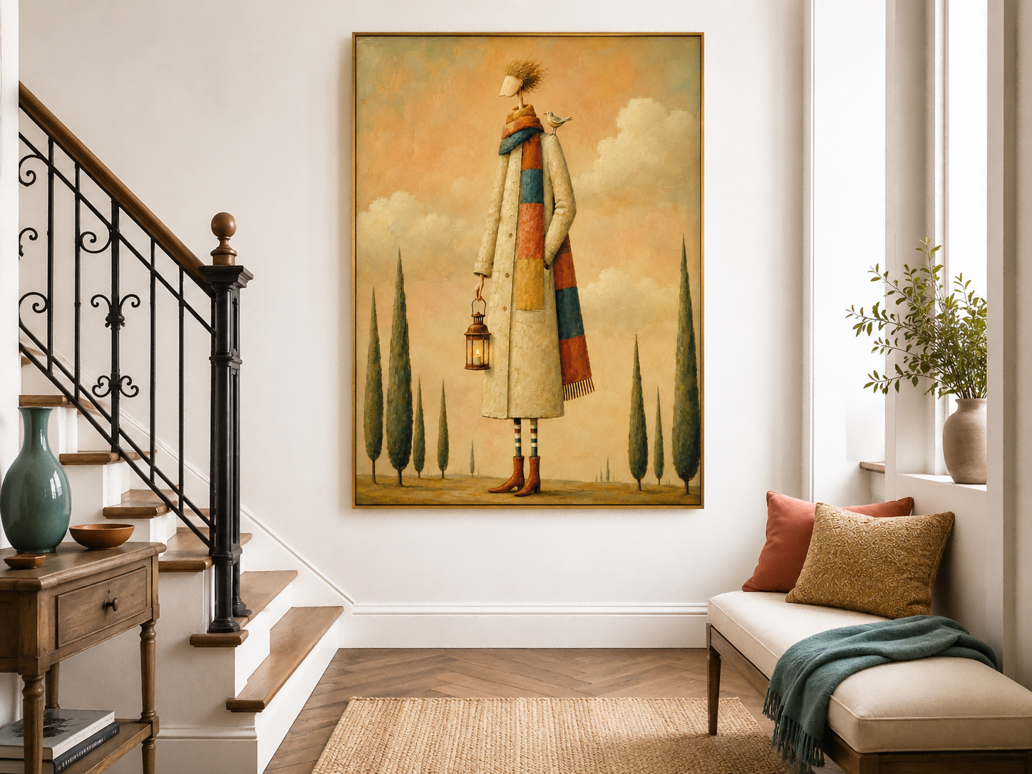 Surreal Man With Lantern And Bird Canvas Painting In Warm Beige Tones