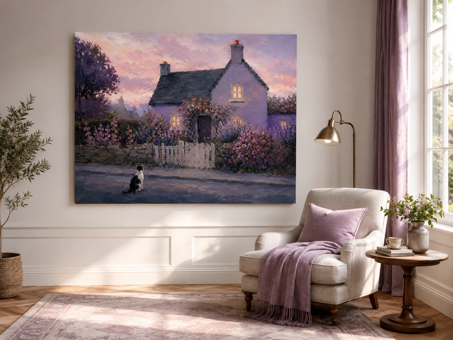Pastoral Romantic Oil Style Art Purple House And Flowers
