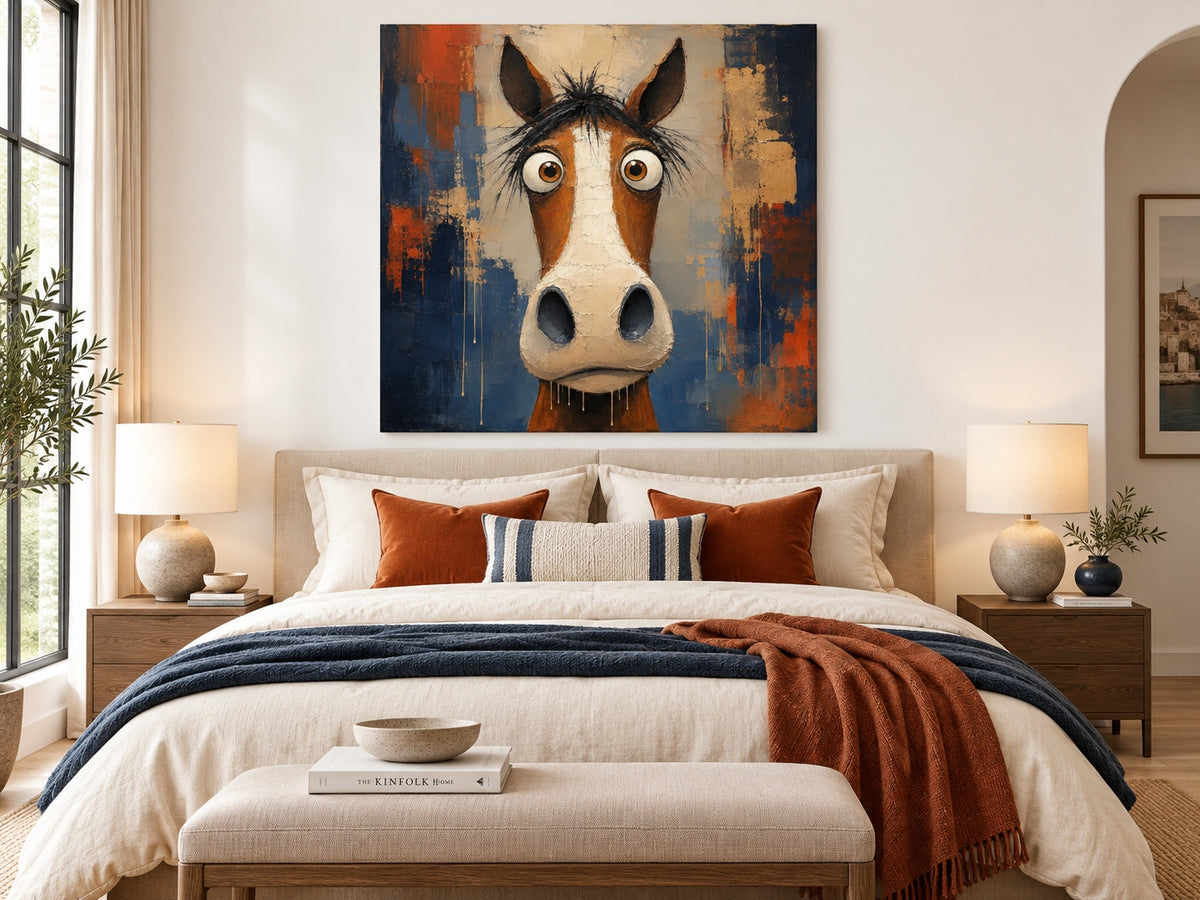 Abstract Pop Art Horse Painting With Textured Orange And Blue Tones