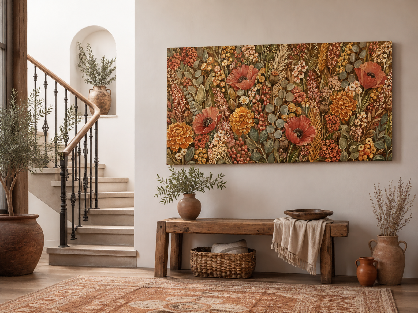 Vintage Floral Canvas Art With Poppies And Marigolds In Warm Earth Tones
