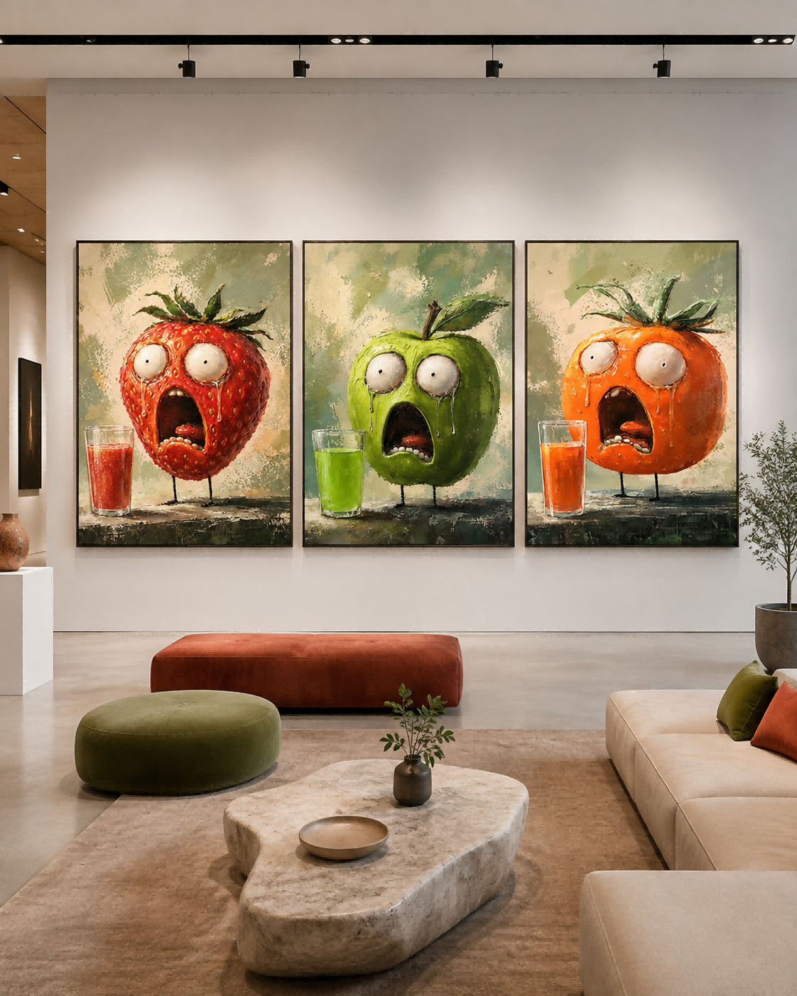 3P Original Oil Painting Of Anthropomorphic Fruits With Expressive Textured Finish