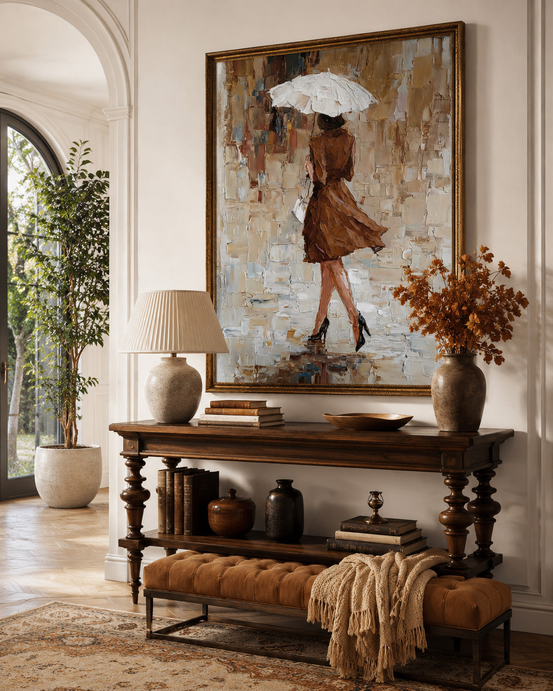 Modern Figurative Art Elegant Lady With Umbrella Oil Painting For Bedroom Wall Decor