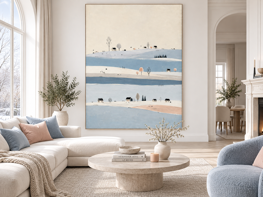 Minimalist Naive Art Oil Painting With Ethereal Snowy Village Scene