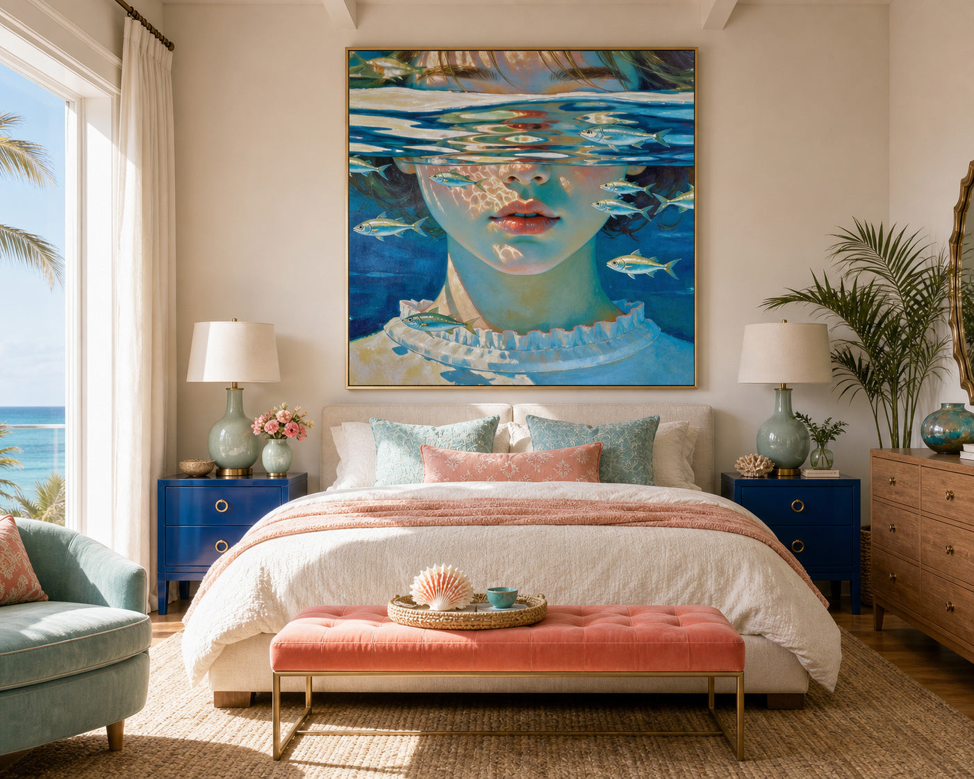 Surreal Underwater Girl Portrait With Fish Blue And White Square Canvas Oil Painting For Modern Home Decor
