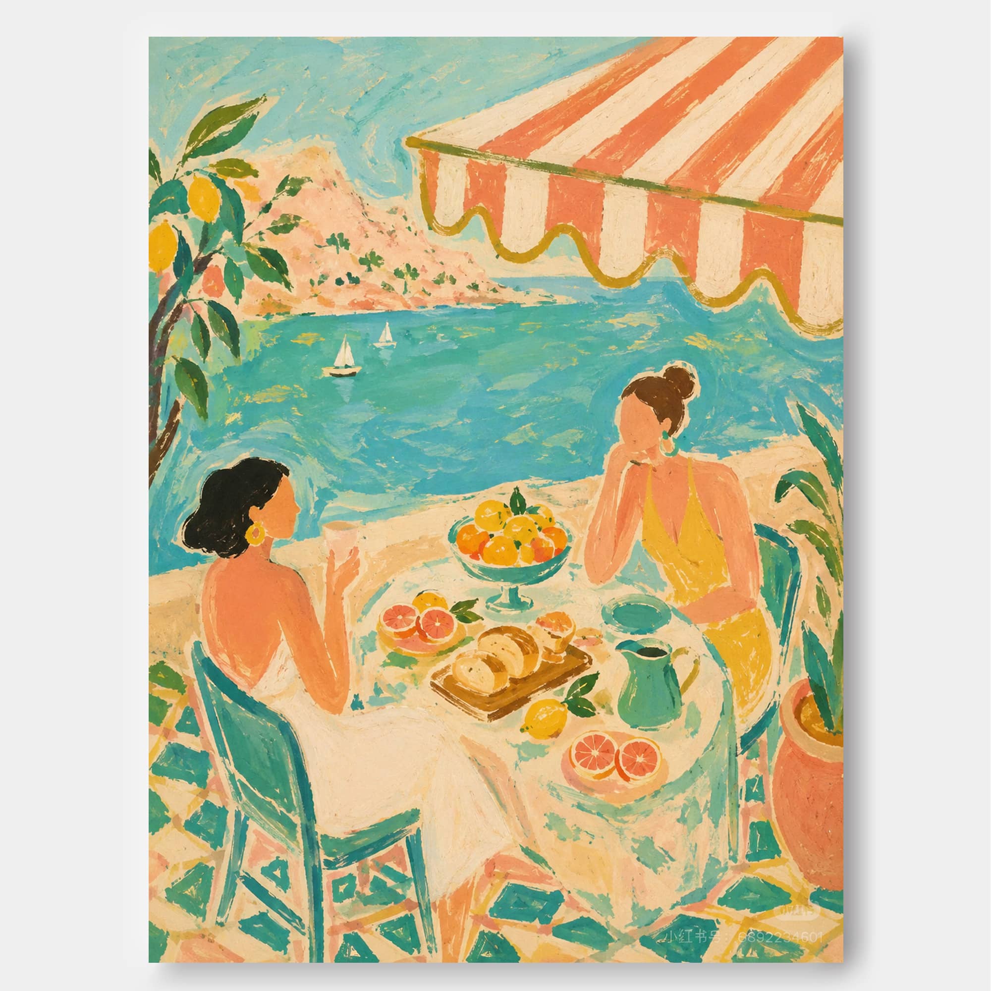 Seaside Tea Party Women Art Deco Canvas Painting With Citrus And Ocean View